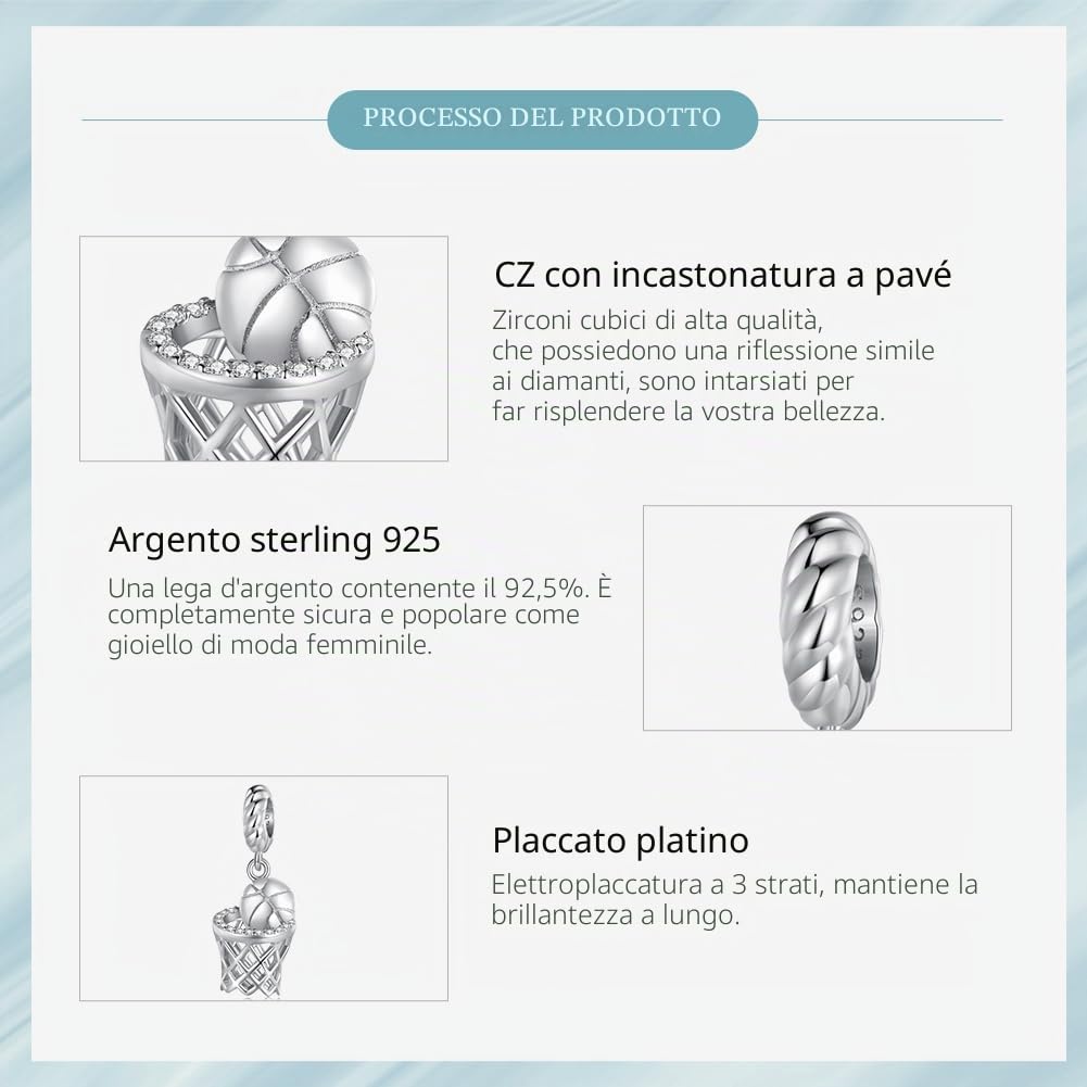 Charm da Pallacanestro per Tiro a Canestro Charms 925 Argento Sterling Sport Charms compatibili con Bracciale Pandora per Donne