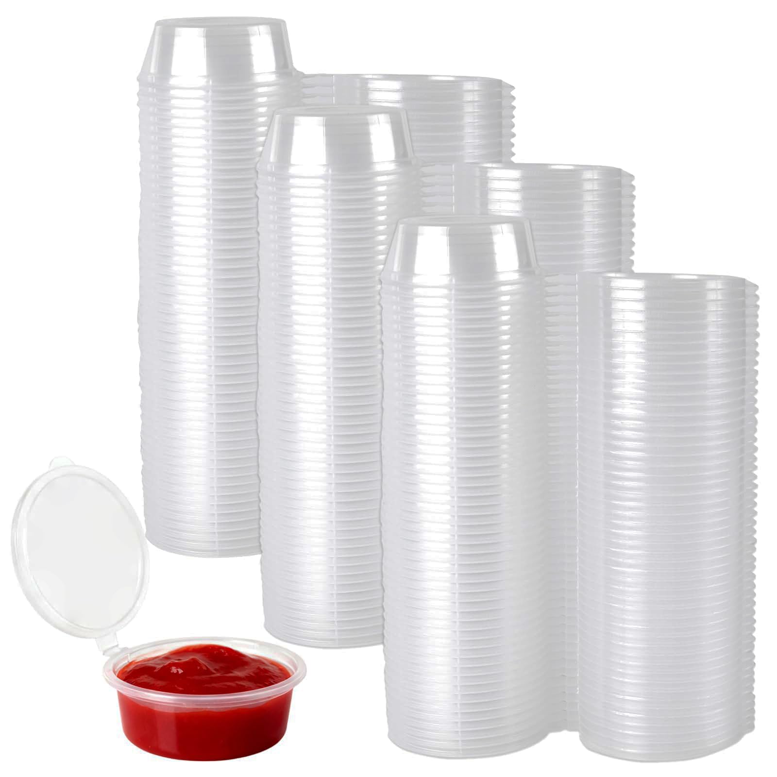 JIAYUET 300PCS 2oz Clear Round Hinged Sauce Pots with Lids, Plastic Food Containers for Ketchup, Dips, Jelly Storage