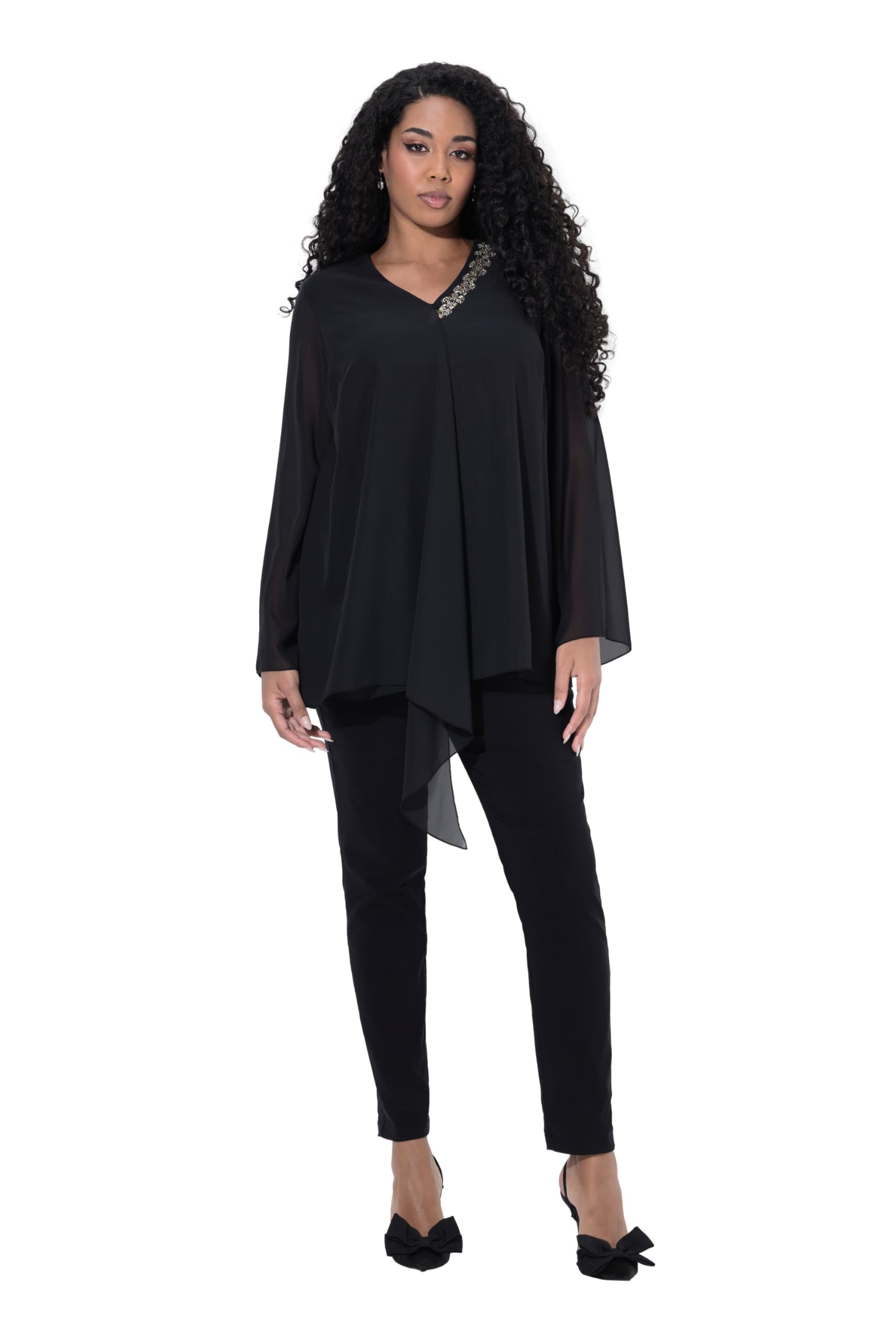 Ulla Popken Damen große Größen Übergrößen Plus Size Chiffonbluse, doppellagig, A-Linie, V-Ausschnitt, Langarm 842581