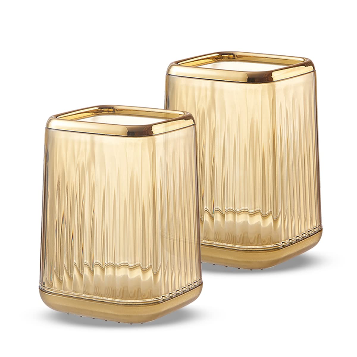 Lebenrich 2 Pack Makeup Brush Holder Organizer, Acrylic Gold Make Up Brushes Holders Container Storage Cup with Striped Design for Bathroom Countertop, Pen Pencil Holder Cosmetic Cup for Desk