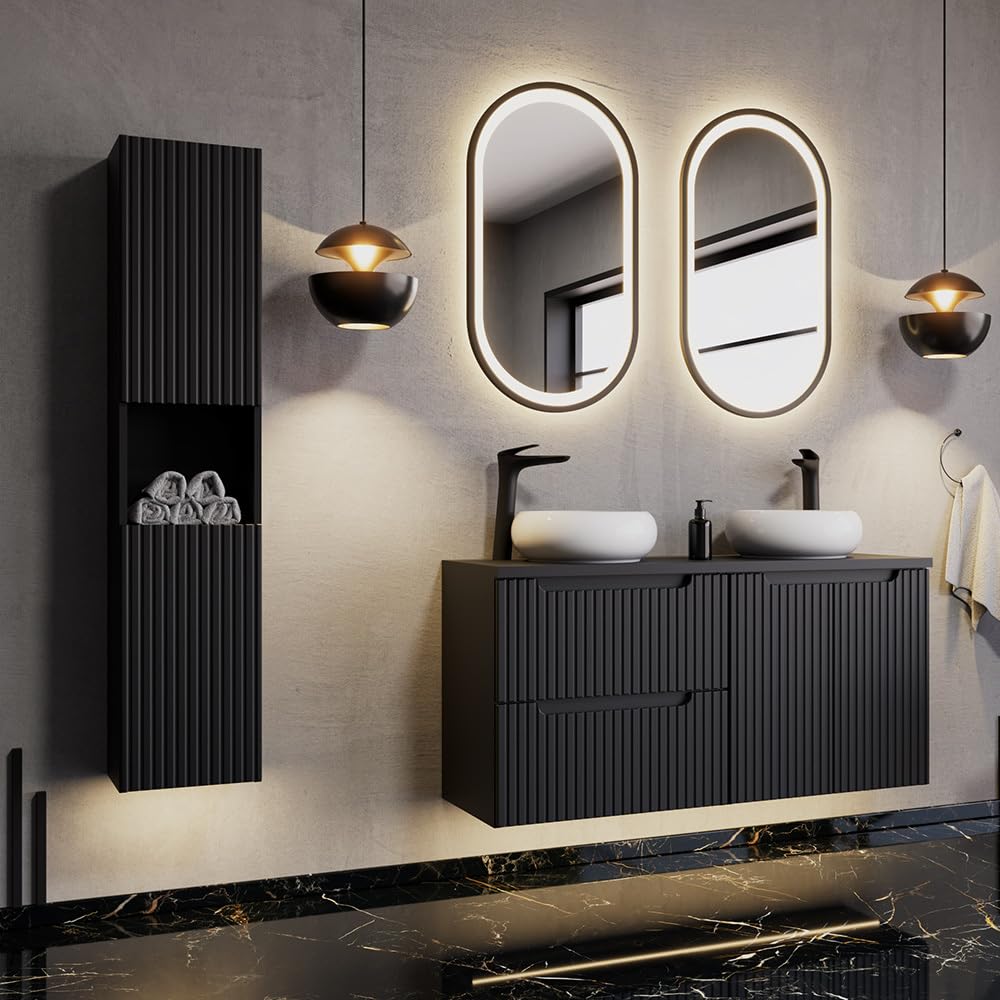 Lomadox Armadio alto da bagno nero scanalato frontale armadio laterale a 2 ante (L x A x P) ca. 30/140/30 cm