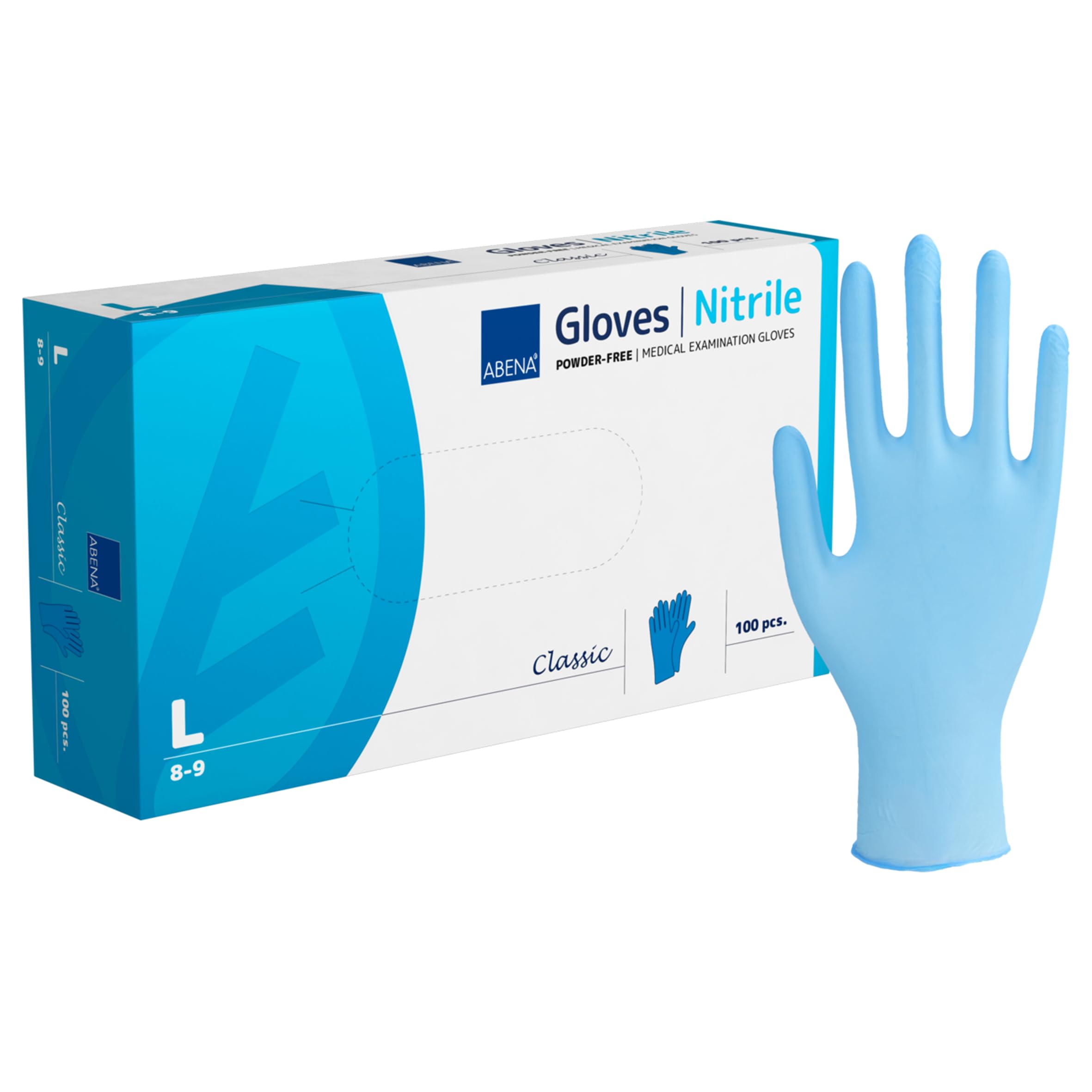 ABENA Blue Disposable Nitrile Gloves, Large, Pack of 100, Powder Free, Latex Free, Examination Gloves for Cleaning, Food Prep, Beauty, Medical & Hygiene, Strong Single Use Protective Gloves