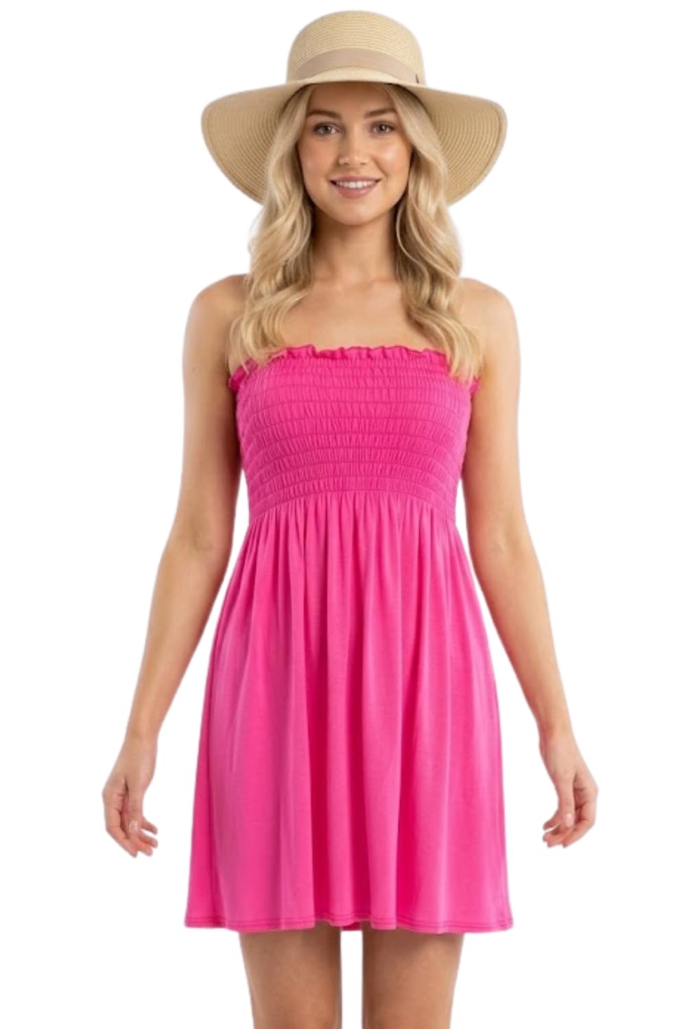 NAZ Fashion Women Ladies Sheering Gather Bandeau Boobtube Plain Top Mini Dress Fuchsia UK 8 to 10