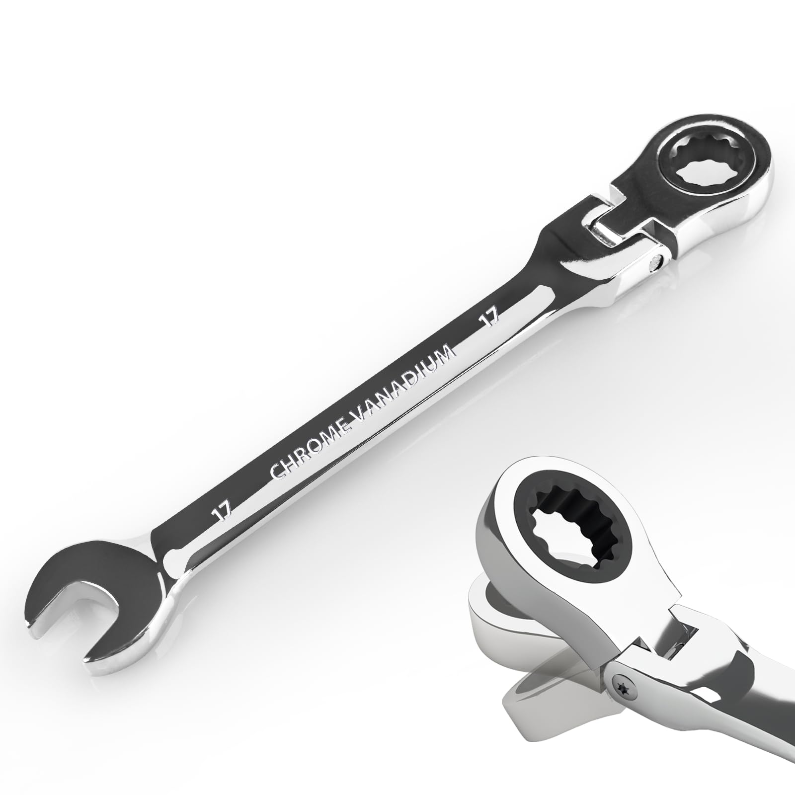 EGOFINE 17mm Adjustable Spanner Flex Head, Ratchet Spanner Metric, Industrial Grade Gear Wrench with 12 Point Box End, 72-Teeth Ratchet, Chrome Vanadium Steel โ image 1