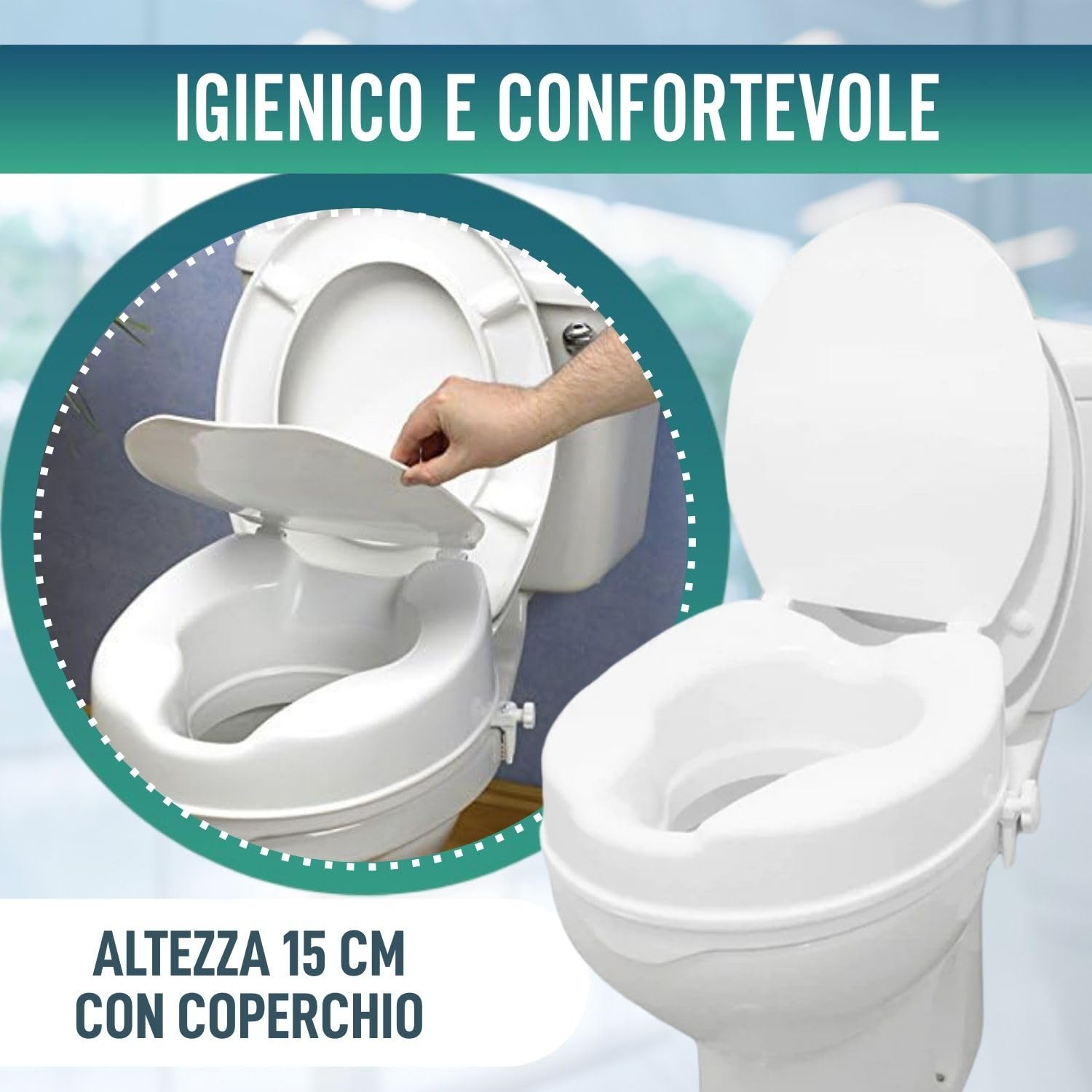 OrtoPrime Rialzo per WC 15 cm con Coperchio – Alzawater per Anziani e Disabili – Rialzo WC per Disabili Universale – Sedile WC Rialzato per Disabili e Anziani – Ausili per Anziani Ergonomico