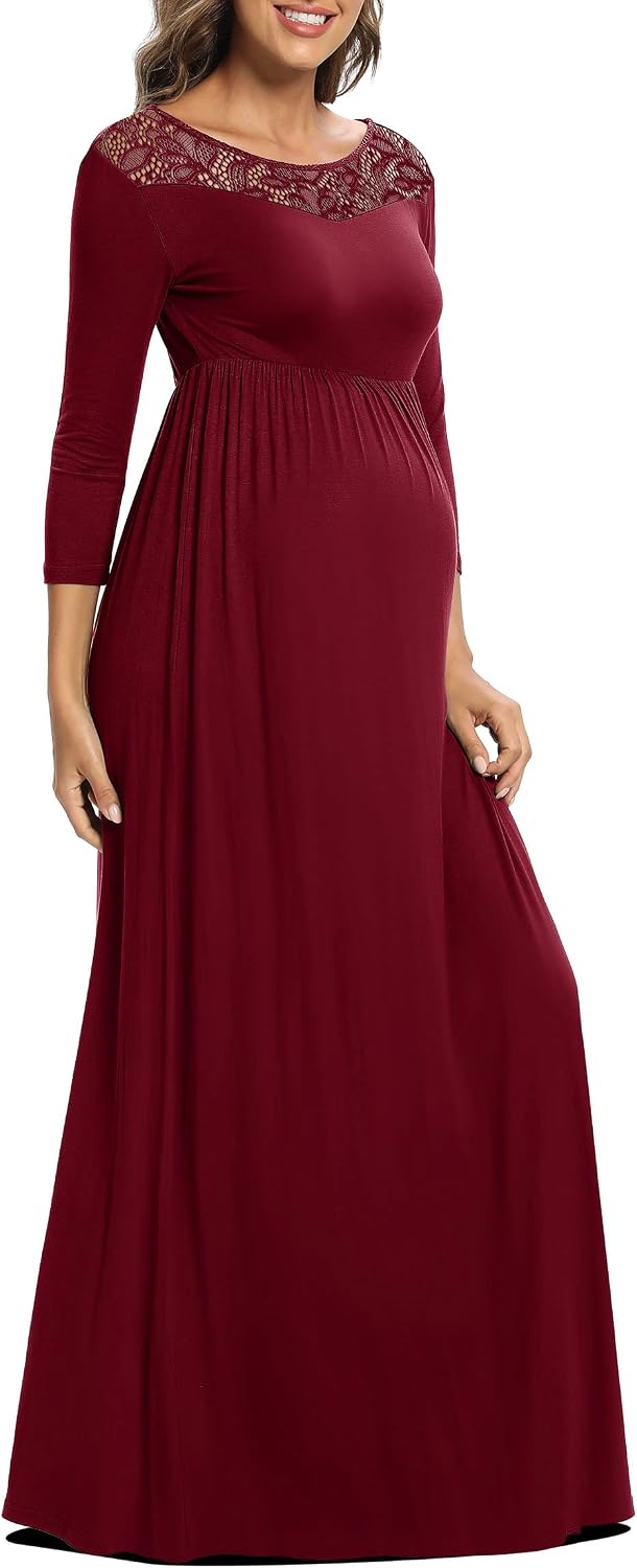 XNHAN Fall 3/4 Sleeve Floral Lace Neckline Maternity Maxi Dress for Photoshoot Baby Shower