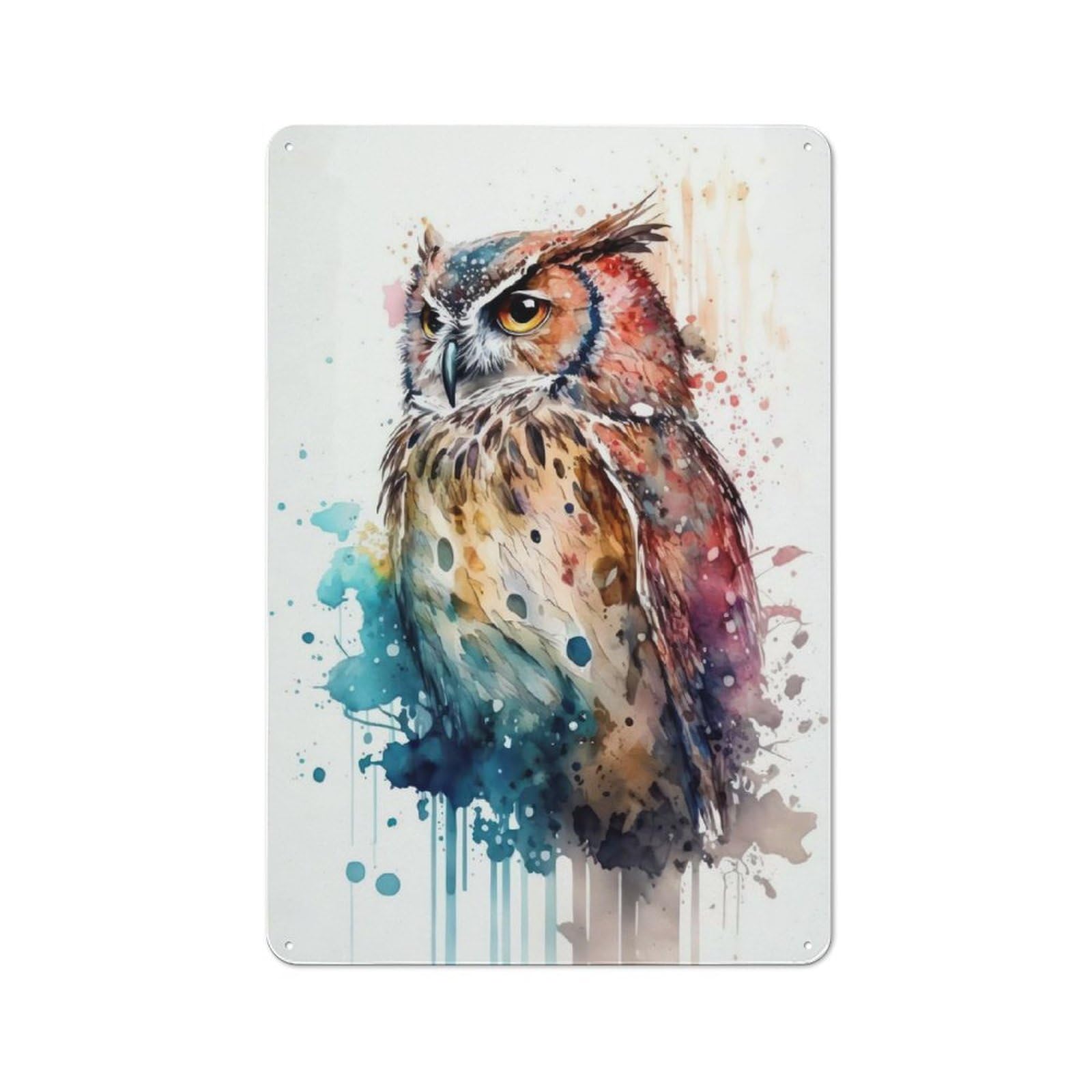 Tin Wall Plaque 30x20cm with Owl Watercolor for Café Or Home Bar, New-space Wall Decor for Hospitality Decor Collectors