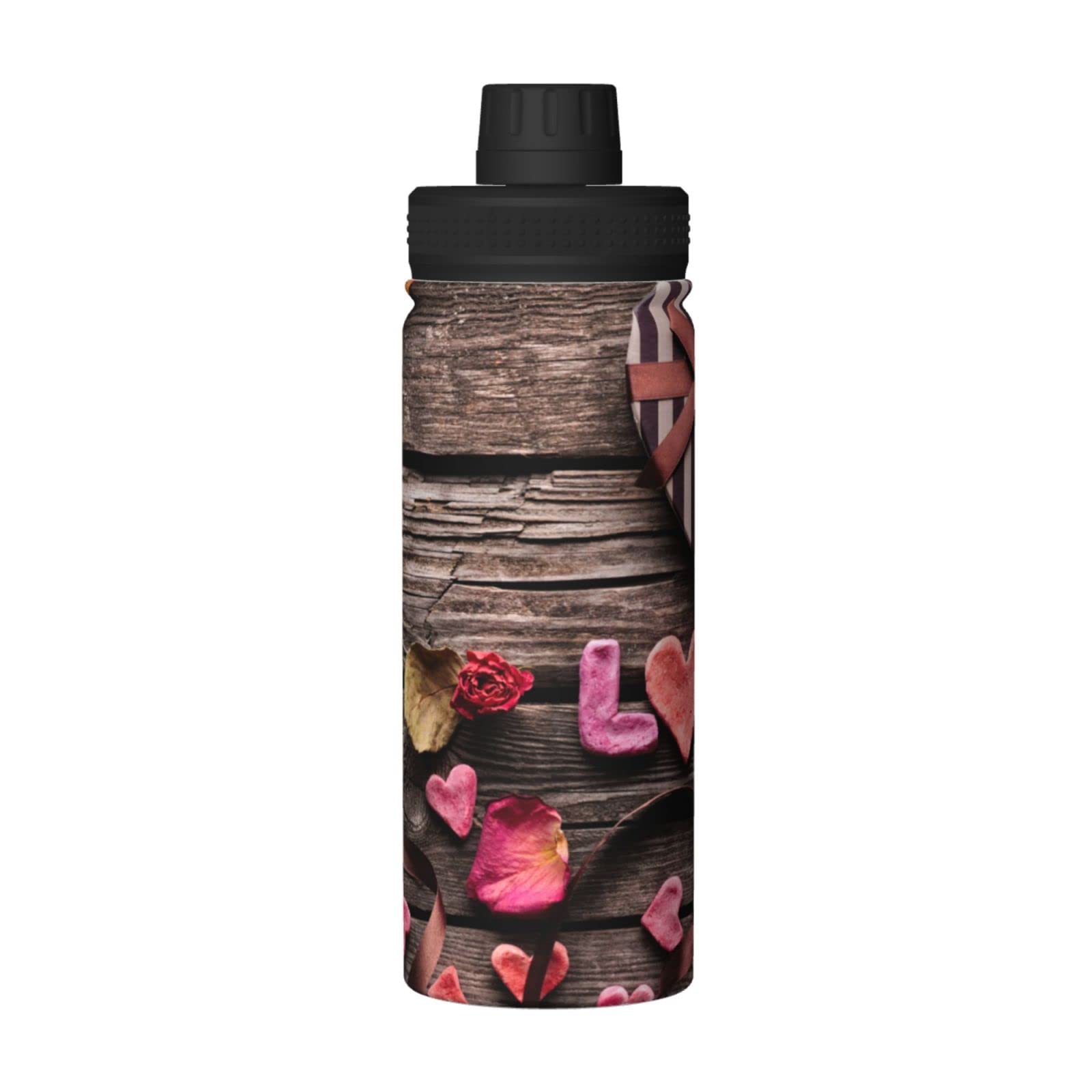 Rose Heart Love Sport-Wasserflasche, 530 ml, isolierte Edelstahl, auslaufsichere Wasserflasche für Reisen, Fitnessstudio, Büro