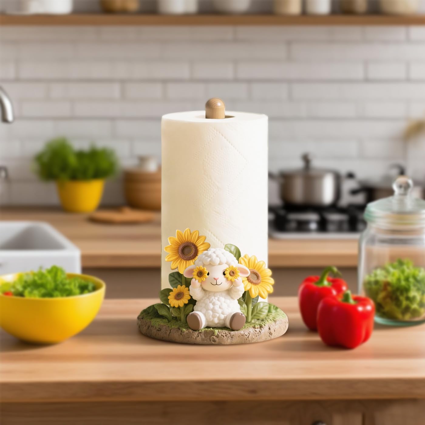WAIT FLY Sheep and Sunflower Paper Towel Holder Stand Resin Tissue Stand Roll Holder for Kitchen Countertop Restaurant Cafe