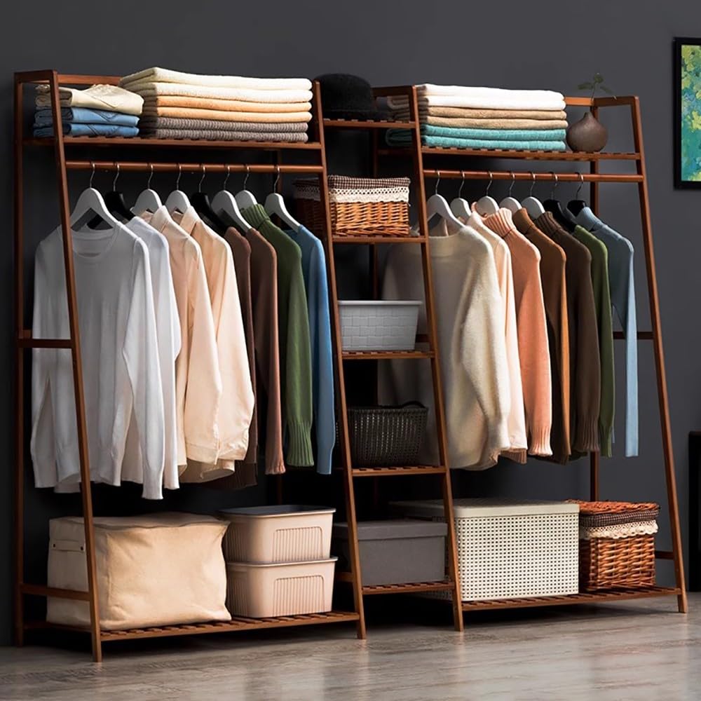 angroups Clothes Rail Clothes Rack with Shoe Rack, Garment Rack with 5 Tier Storage Rack and Tidy Rail, Bamboo Clothes Rail for Bedroom Living Room,Open Wardrobe Closet, Rustic Brown