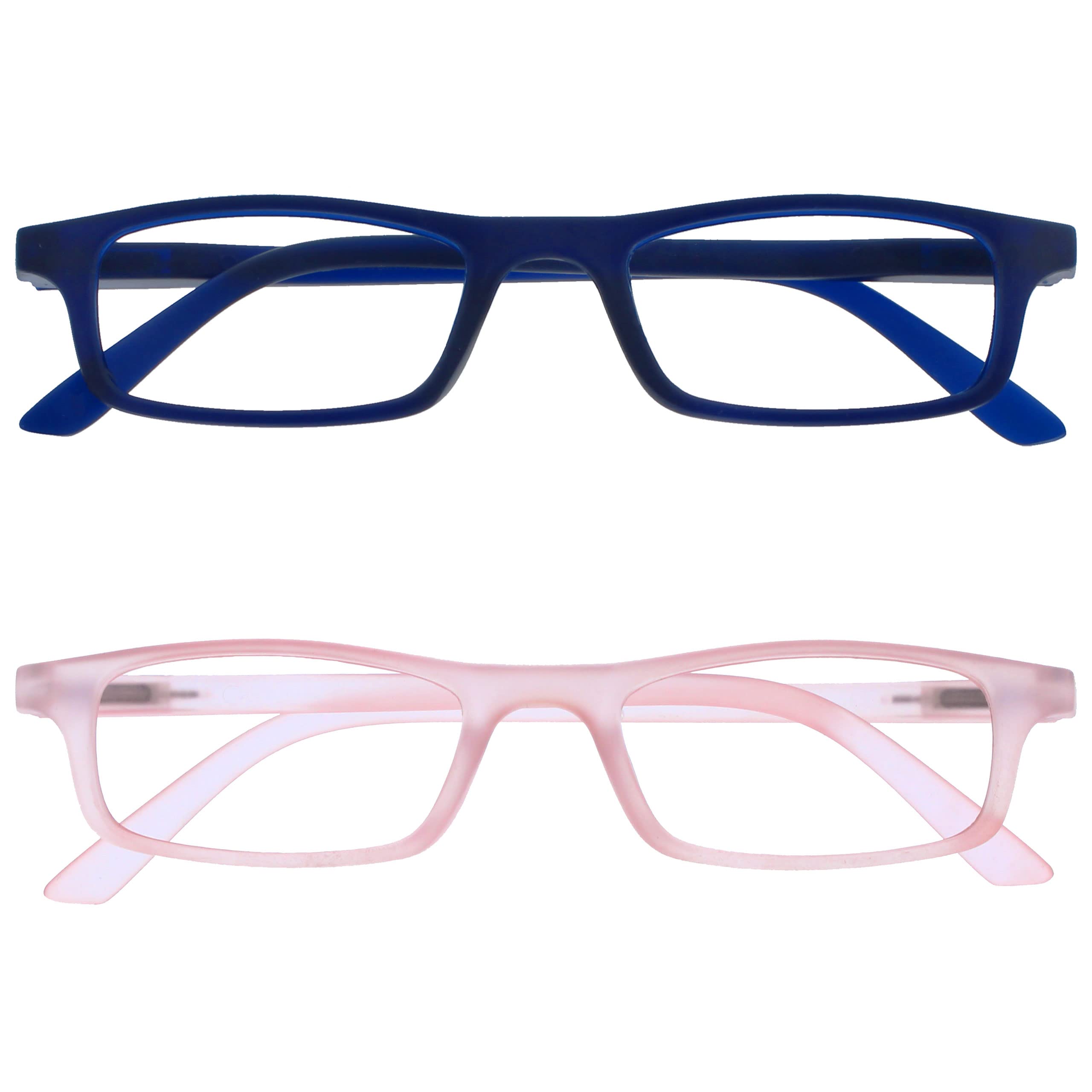 OPULIZE Ted Reading Glasses 2 Pack Narrow Matt Lightweight Frame Navy Blue Transparent Baby Pink Spring Hinges Scratch Resistant Mens Womens RR17-34 +2.00