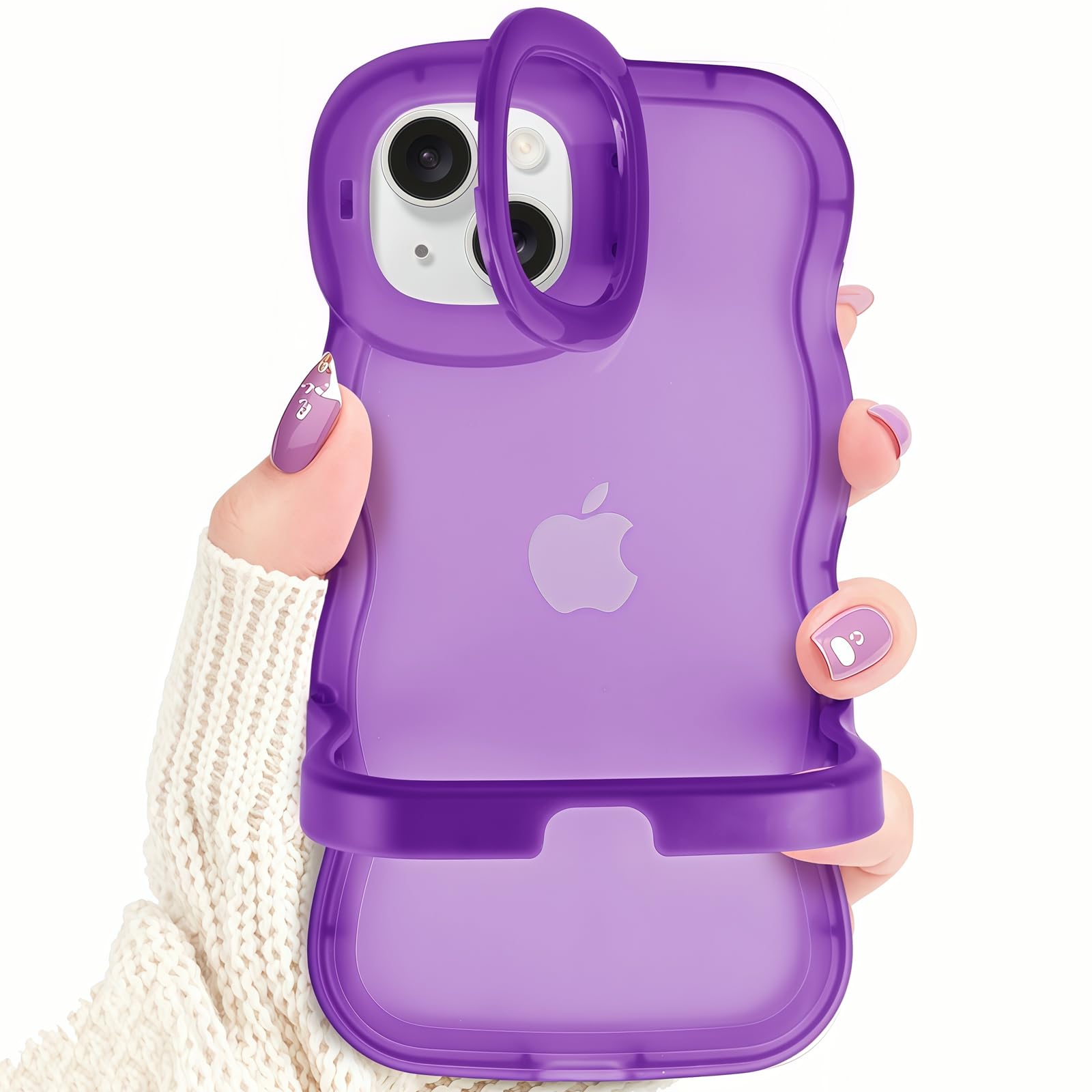 Cases for iPhone 15 with Folding Kickstand, Clear Creative Wavy Frame Design with Camera Holder for TPU Slim Protective Phone Case for iPhone 15