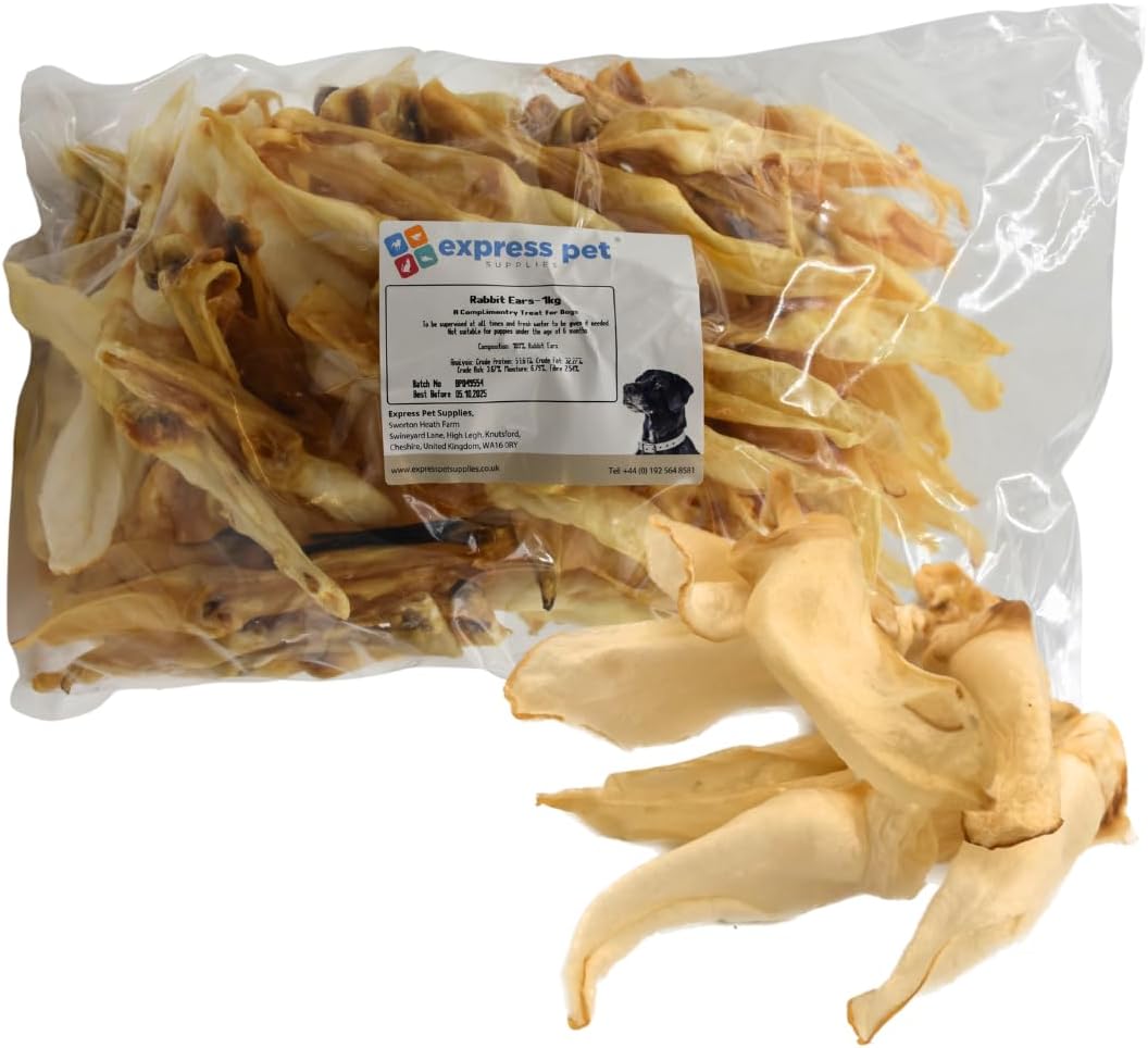 Express Pet Supplies 1kg Rabbit Ears Natural Hypoallergenic Dog Treat Chew Low Fat/Odour (Approximately 90-100 Ears)