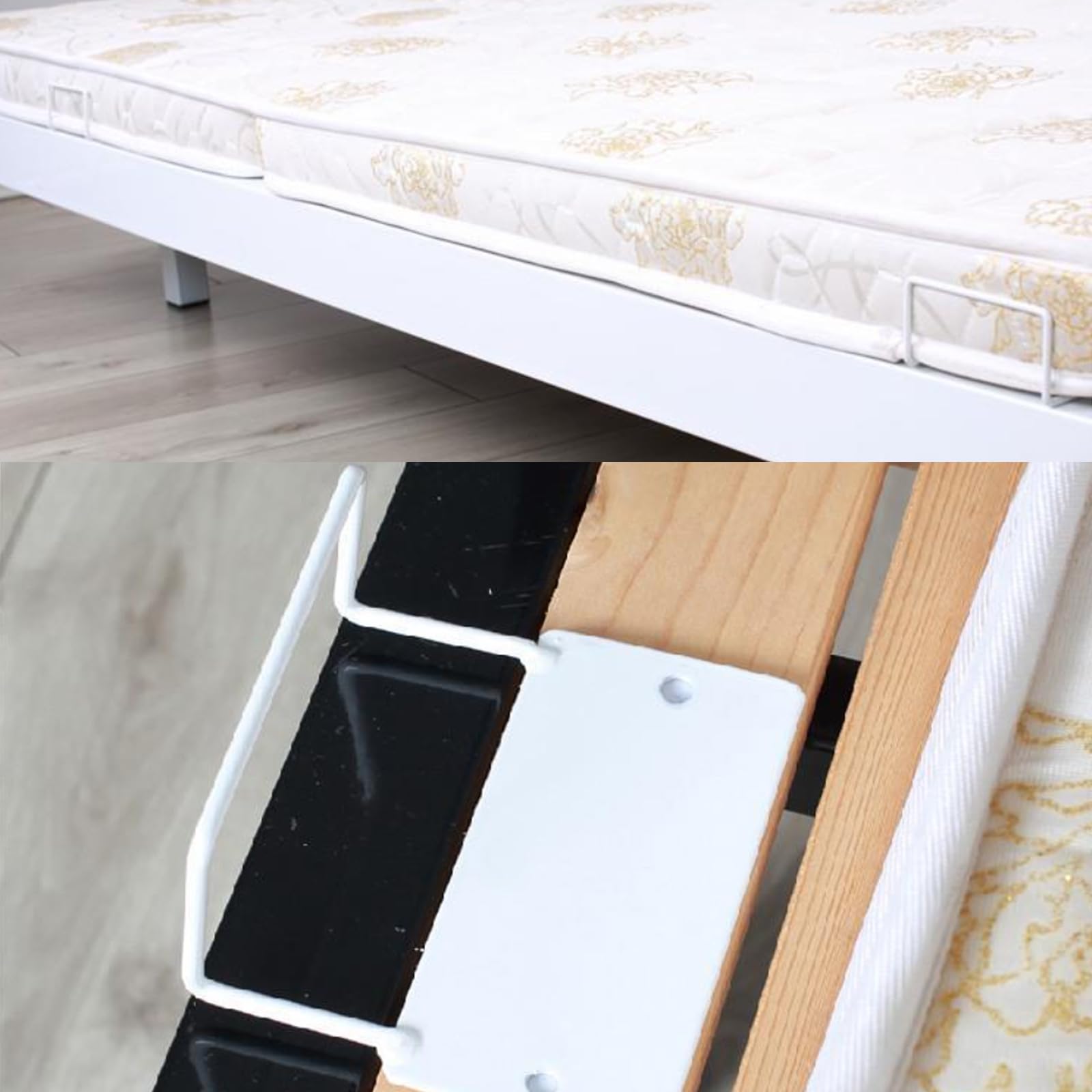 Soporte para colchón antideslizamiento de metal con tornillos y pegatinas adhesivas, tope de cama para colchón lateral, relleno de grietas para colchones, fácil instalación (4, blanco)