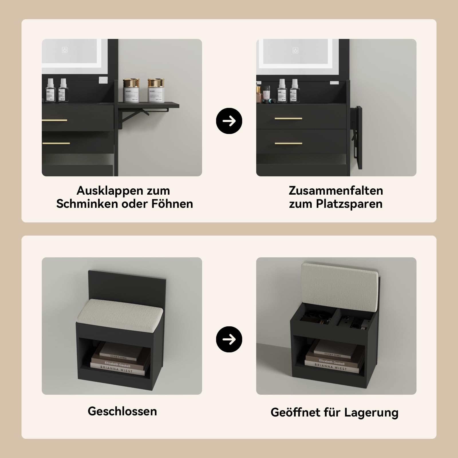 YU YUSING 3 in 1 Schminktisch mit Beleuchtung Spiegel, Klappbarer | 2 Schubladen, Glasplatte, Rollen Hocker, Eckschminktisch Kleiner Frisiertisch für Schlafzimmer, Schwarz