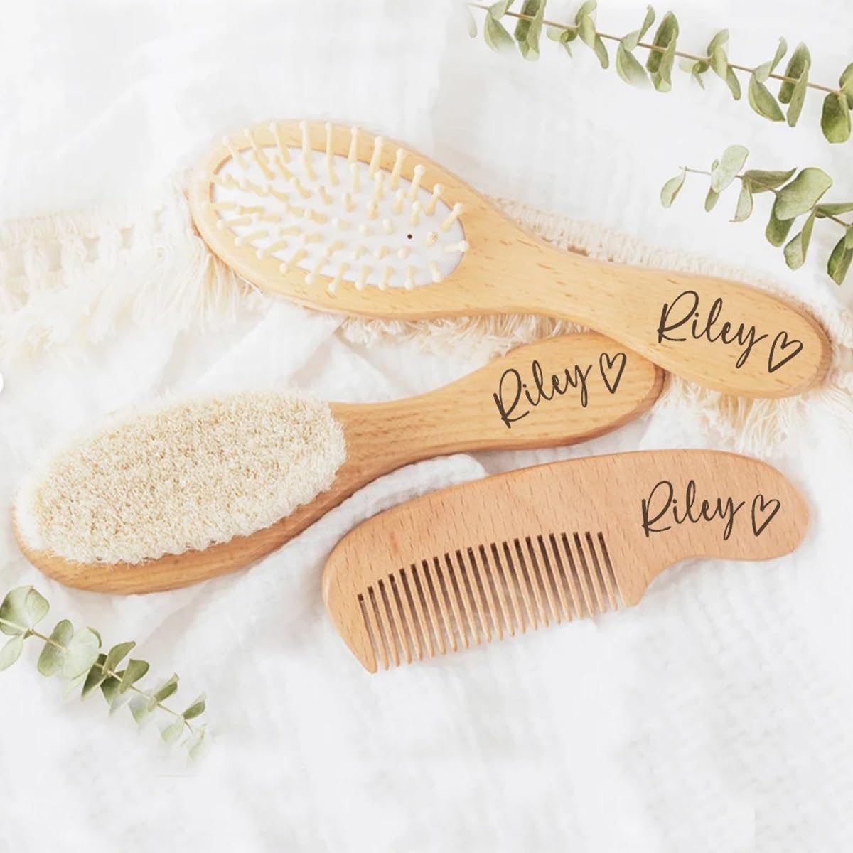 Personalized Baby Hairbrushes, Custom Engrave Infant Name, Natural Wooden Hairbrush Baby Brush Set for Newborns, Name and Birth Details Natural Bristles, Cradle Cap, Natural Goat Bristles Brush