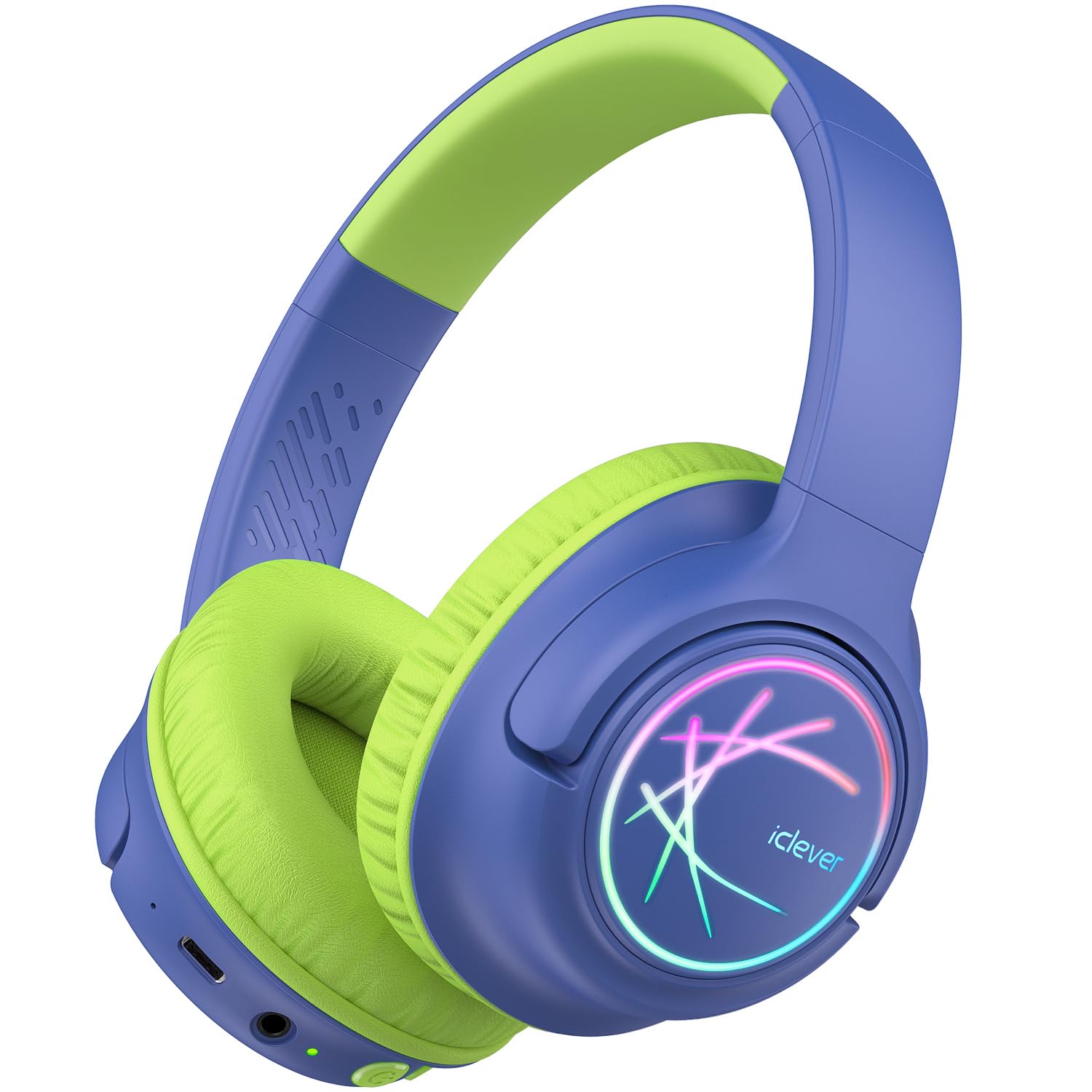iClever Kids Bluetooth Headphones with LED Lights, BTH18 Safe Volume 74/85 dBA, 43H Playtime, Bluetooth5.3 Kids Headphones Wireless Aux Cord for iPad/Tablet/Travel/School, Blue/Green