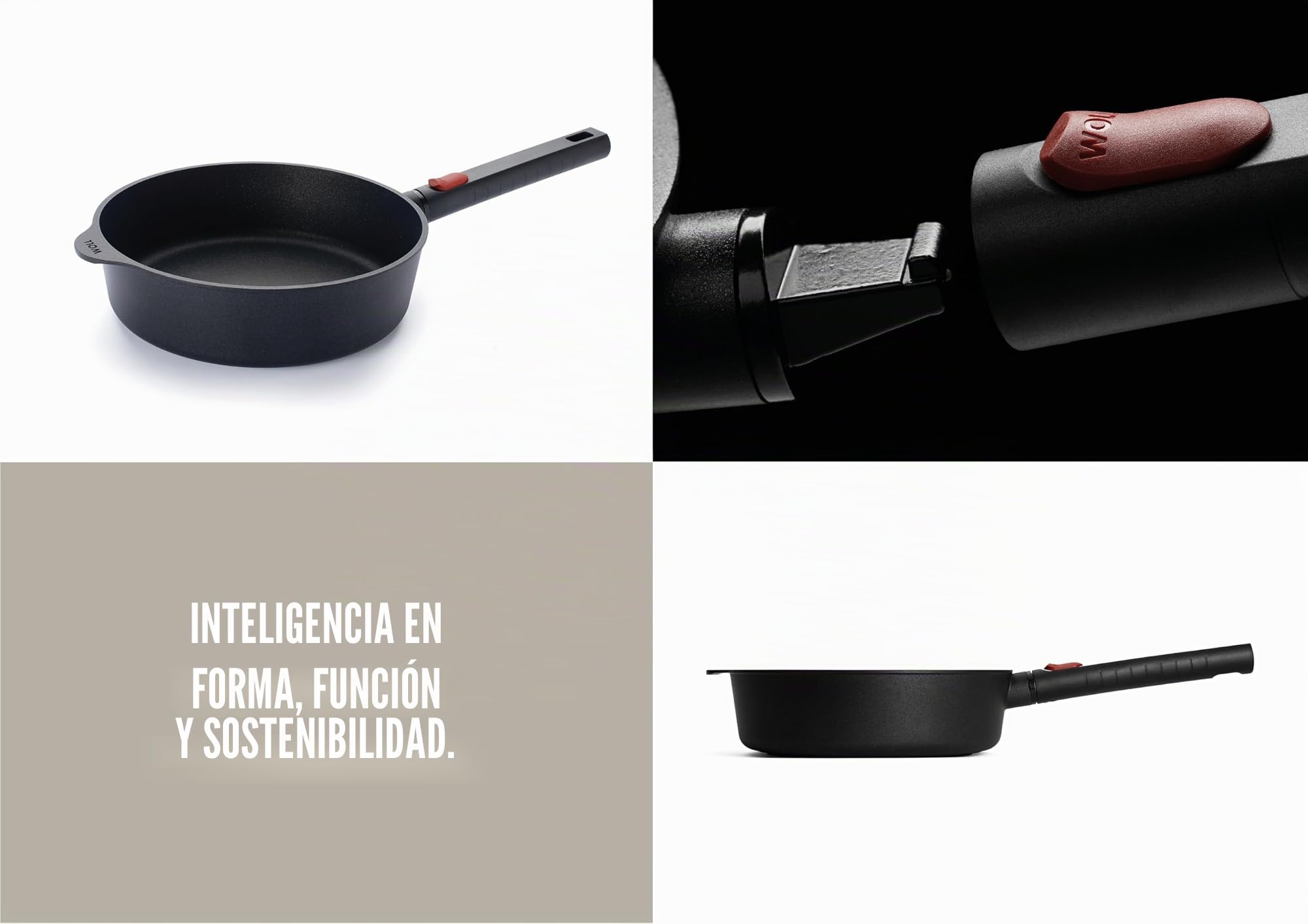 Woll Eco Logic QXR - Sartén de hierro fundido (inductiva, diámetro de 24 cm, 7 cm de alto, con mango extraíble, apta para todo tipo de cocinas, sin PFAS, revestimiento antiadherente, aluminio fundido,