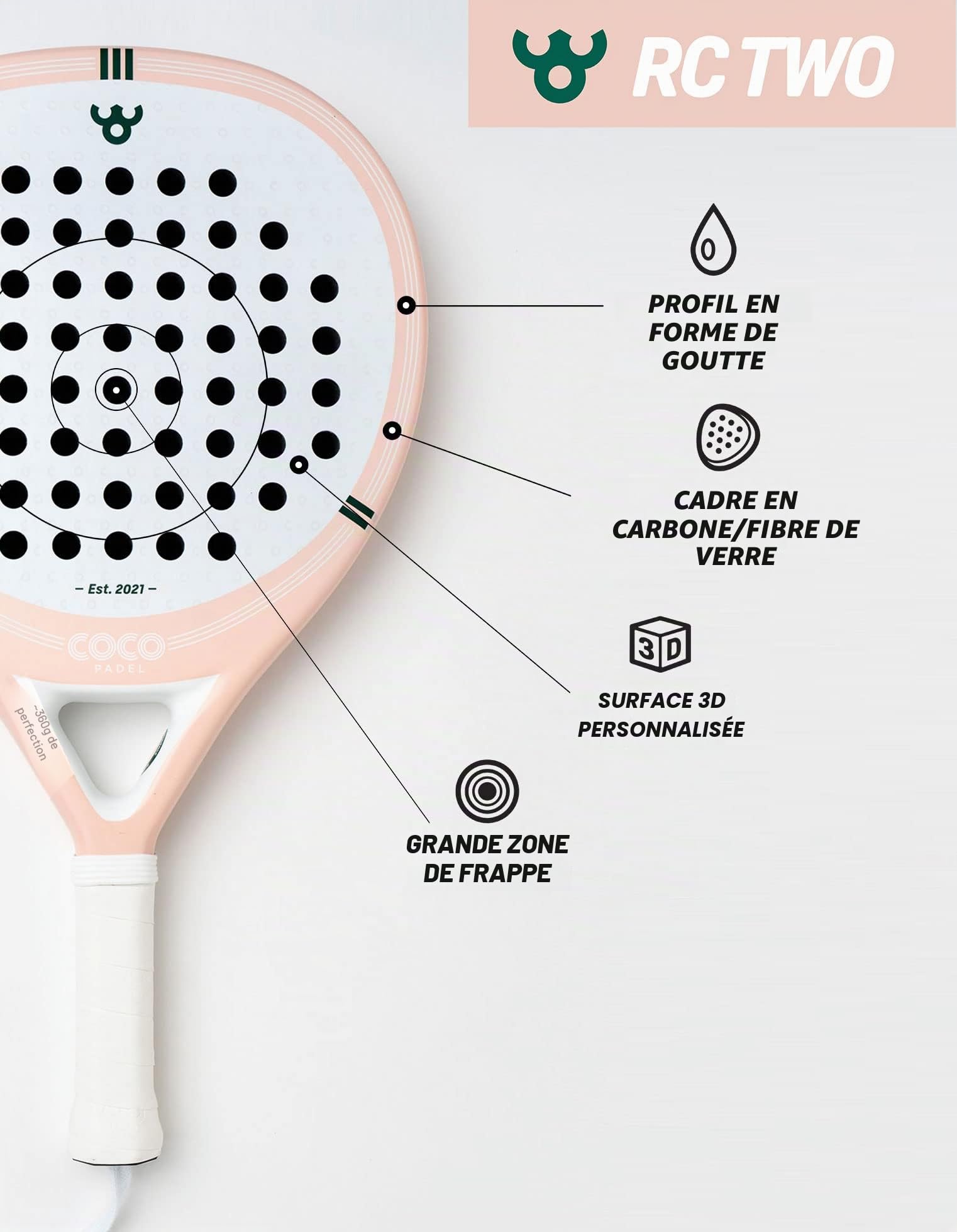 RC Two Raquette de Padel | Surface Carbone 3K | Noyau EVA Soft | Cadre Fibre de Verre & Carbone | Contrôle & Puissance | Niveau Confirmé | Goutte d'eau | Rose & Vert