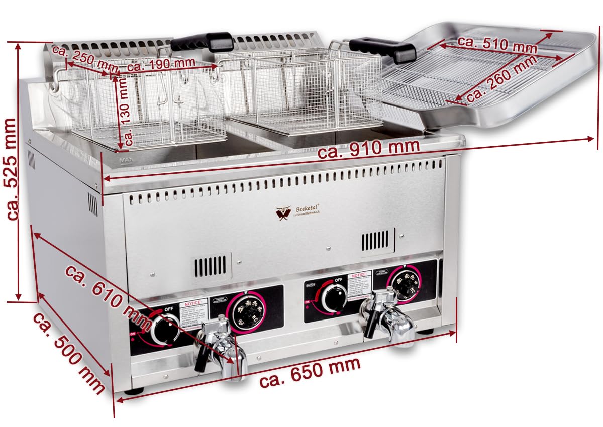 Beeketal Profi Gasfritteuse BGF-13P – Edelstahl Gastro Doppel-Fritteuse 2x 22L (Öl 2x 15L), 7,4 kW LPG Propan/Butan Stand-/Tischgerät mit Kaltzone und Ablaufhahn, inkl. 2 Körbe & Schaumlöffel