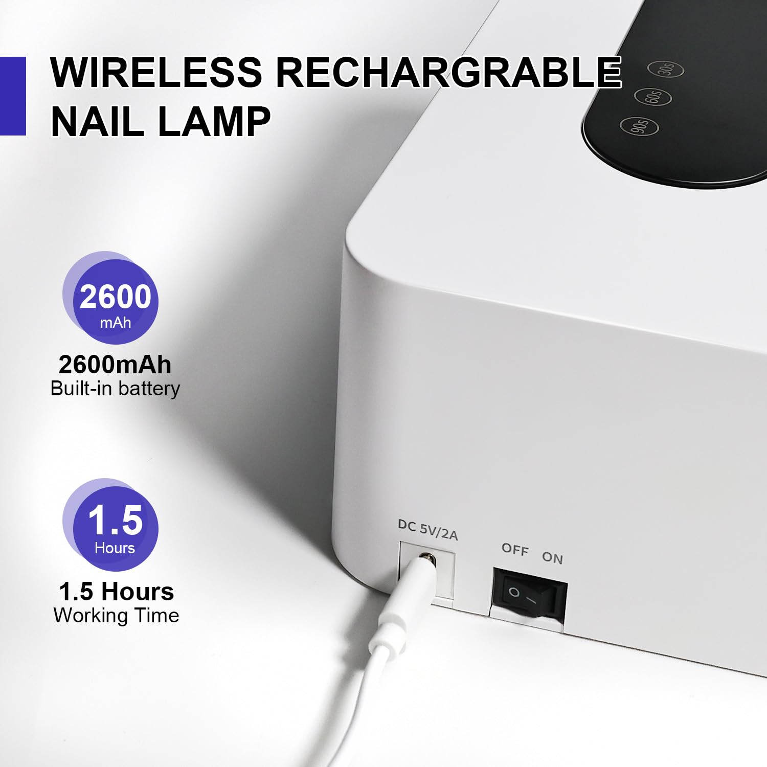 JODSONE White Mini UV Nail Lamp, Rechargeable Portable Nail Dryer for Gel Polish with 3 Timers & LCD Display - Image 2