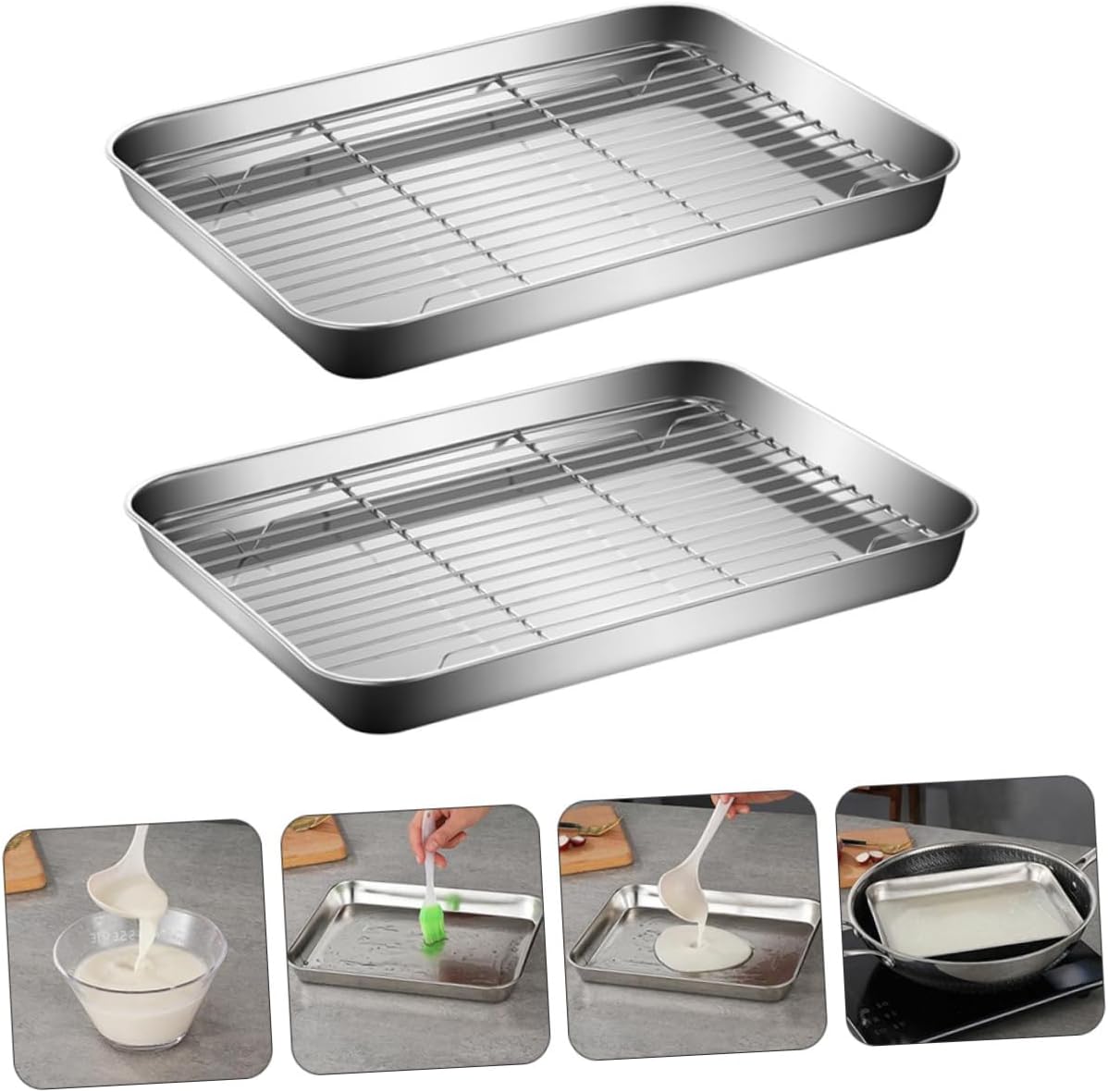 2sets Stainless Steel Baking Tray Set Rack for Frying and Grilling Storage Trays Cooking Accessories for Home Baking and Bbq