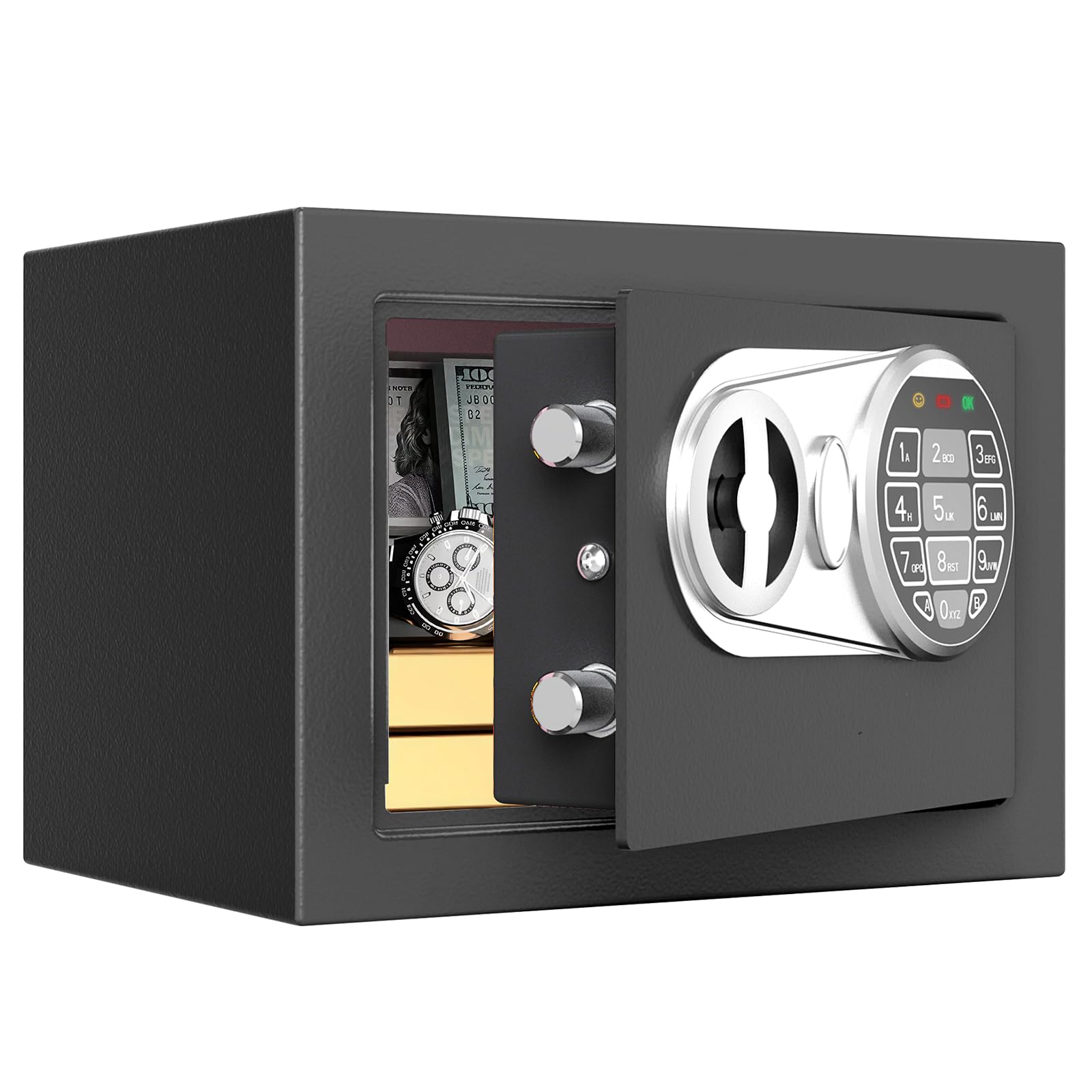 GOLDENKEY Safe and Lock Box - Mini caja fuerte electrónica digital con teclado de seguridad negro para uso en casa, oficina, viajes, negocios, 0.236 pies cúbicos