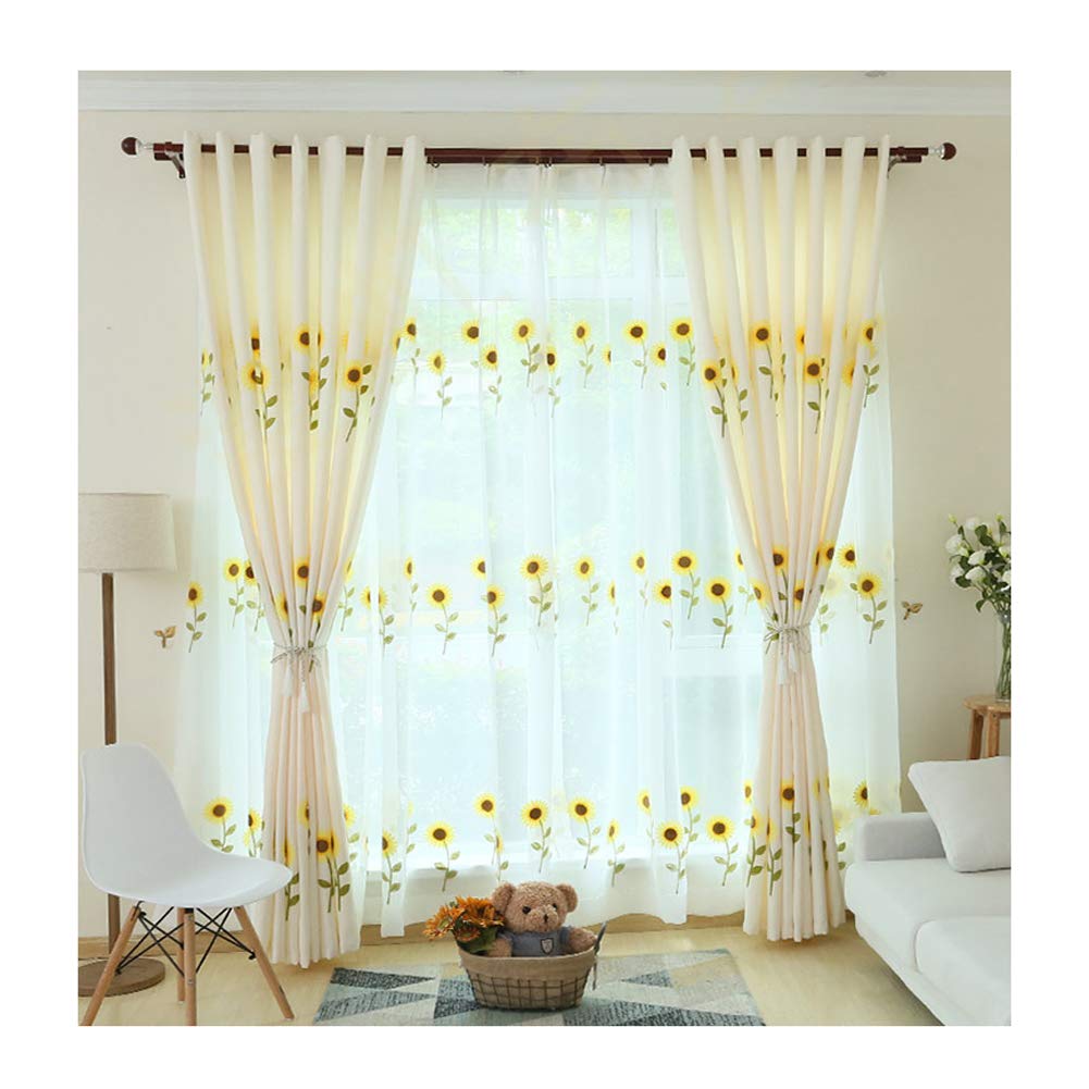 CURTAIN Cortinas para la habitación del bebé Cuarto de los niños Cortina translúcida para Armario Cocina Cuarto Bordado Girasol Estilo Fresco Cortina de Ventana Beige con Gancho (una Pieza)