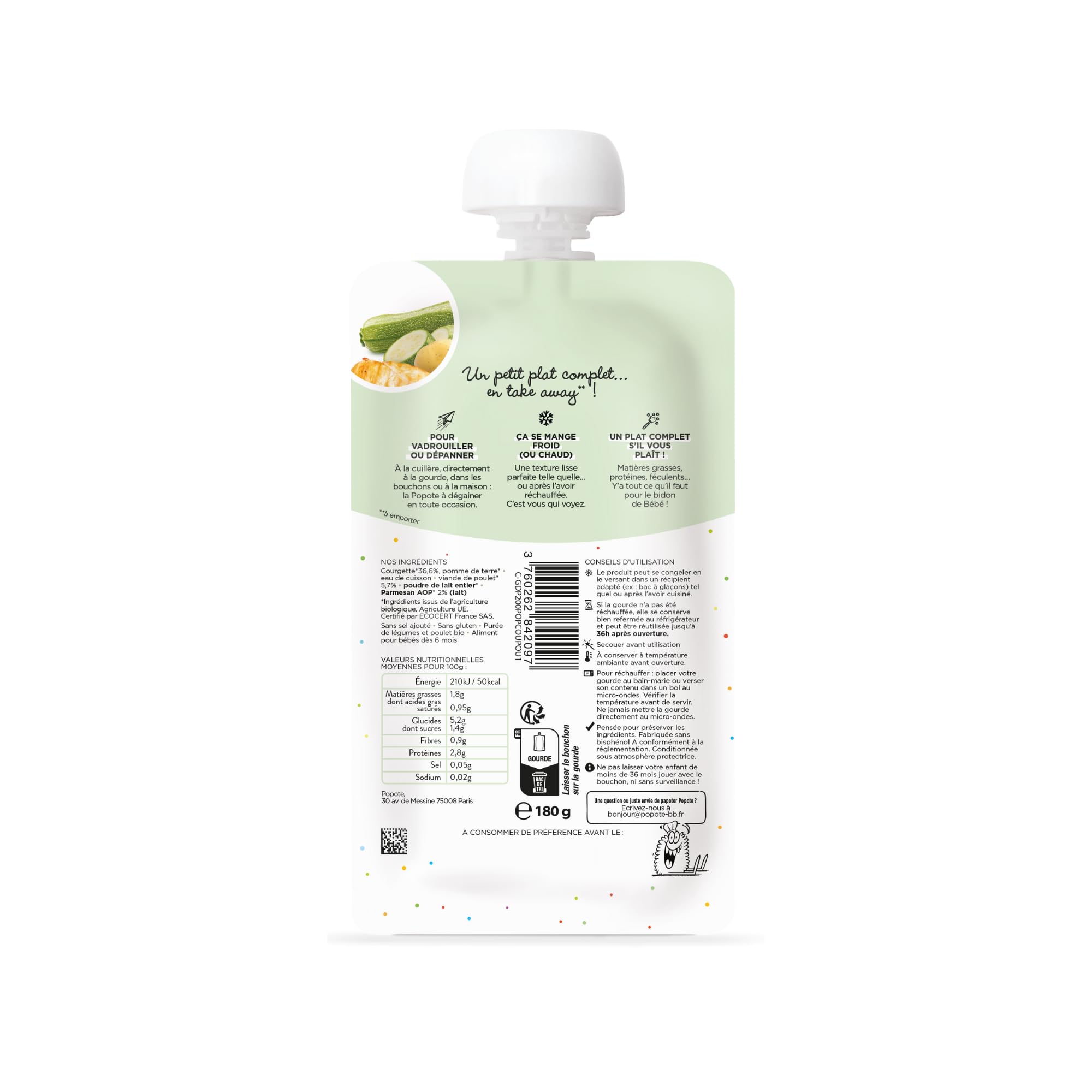 POPOTE – Petit Plat Courgette, Poulet et Parmesan Bio Bébé 180 g – Dès 6 mois – Gourde Individuelle – Texture Lisse – Format Pratique à Emporter – Diversification Alimentaire – Pack 6 x 180 g