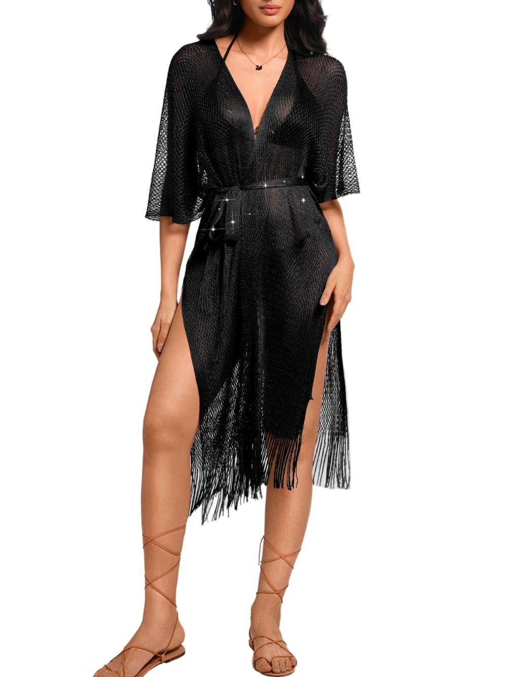 Kaei&Shi Sexy Swimsuit Beach Coverups,Long Kimonos for Women,Open Front Crochet Summer Cardigan Fits 0-12