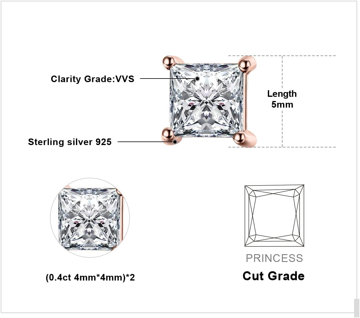 JewelryPalace Princess Cut 0.8ct Moissanite Solitaire Stud Earrings for Women, Square Shape 925 Sterling Silver 14k Gold Plated Earrings for Her, Simulated Diamond Earrings VVS D-F - Image 2