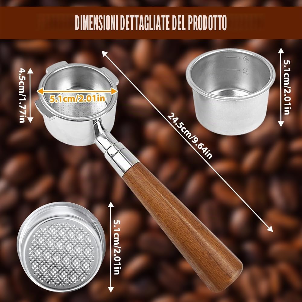 Portafiltro senza fondo 51 mm per DeLonghi Dedica EC680/EC685/EC885 con 3 orecchie e manico in legno, filtro in acciaio inox da 0,3 mm, compatibile con EC785/EC820/EC850/EC860, All Stainless Steel