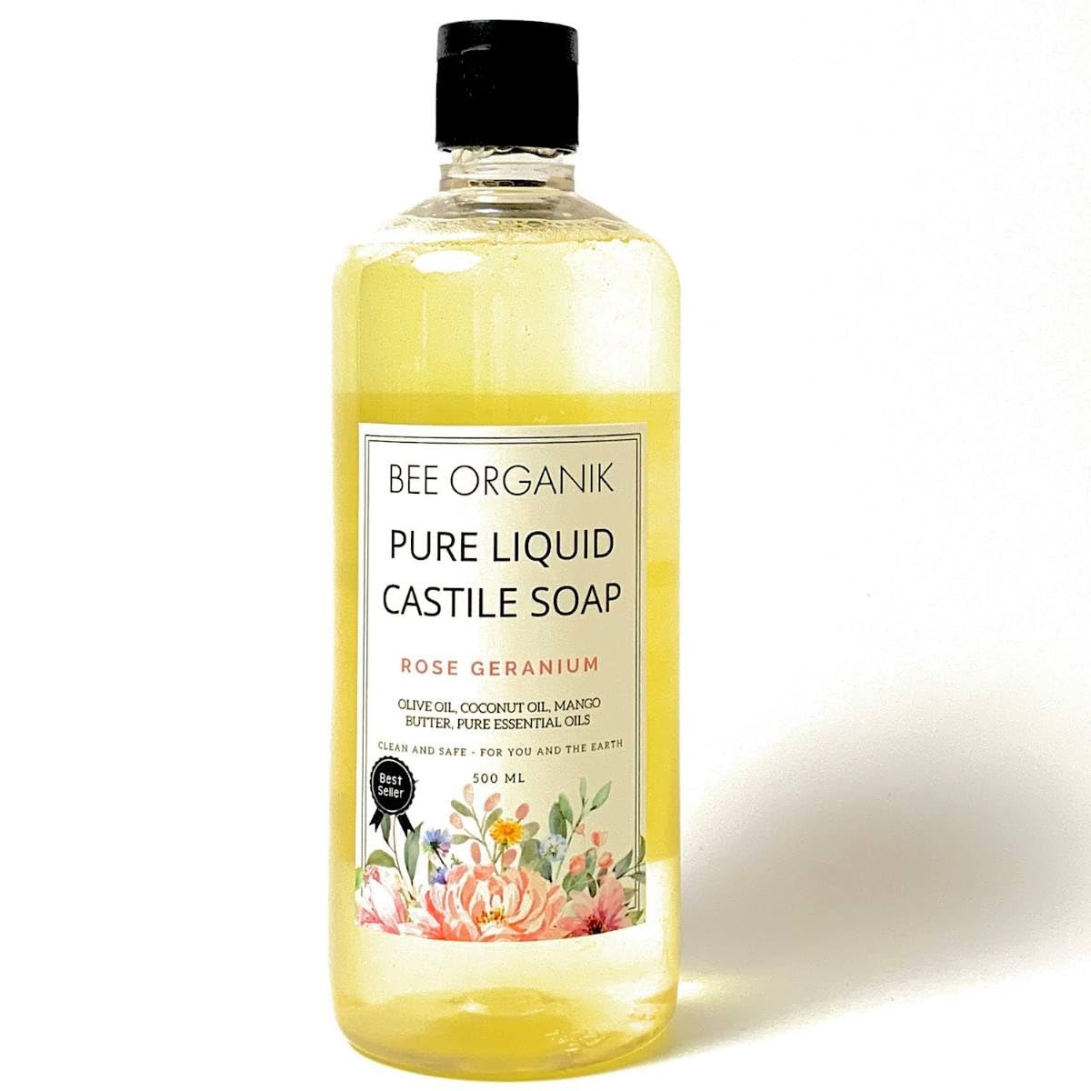 Pure Liquid Castile Soap Rose Geranium | Multi-Purpose Face Hand Body & Home | Natural Organic Safe Geranium 500ml
