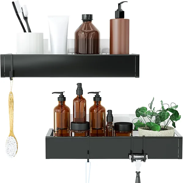 Roseyat Shower Caddy, Adhesive Shower Organizer with Hooks, Shower Shelves for Inside Shower, No Drilling Shower Rack Holder, Shower Storage for Bathroom, Kitchen Spice Rack-2 Pack Black