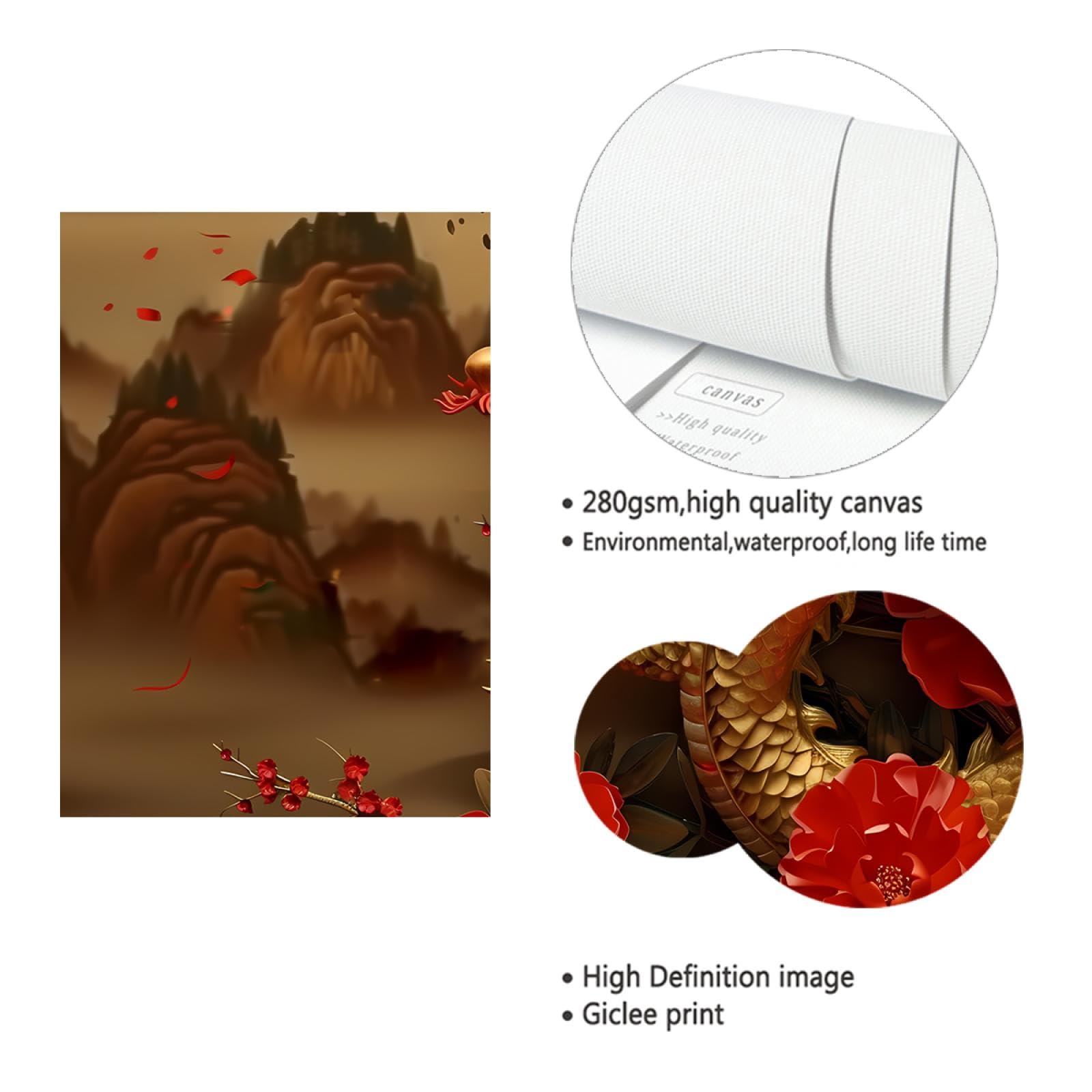 UIRINGART Pivoine rouge peinture sur toile impression dragon chinois motif affiches Art mural décor pour chambre salon salle à manger couloir bureau 60x80cm Cadre intérieur