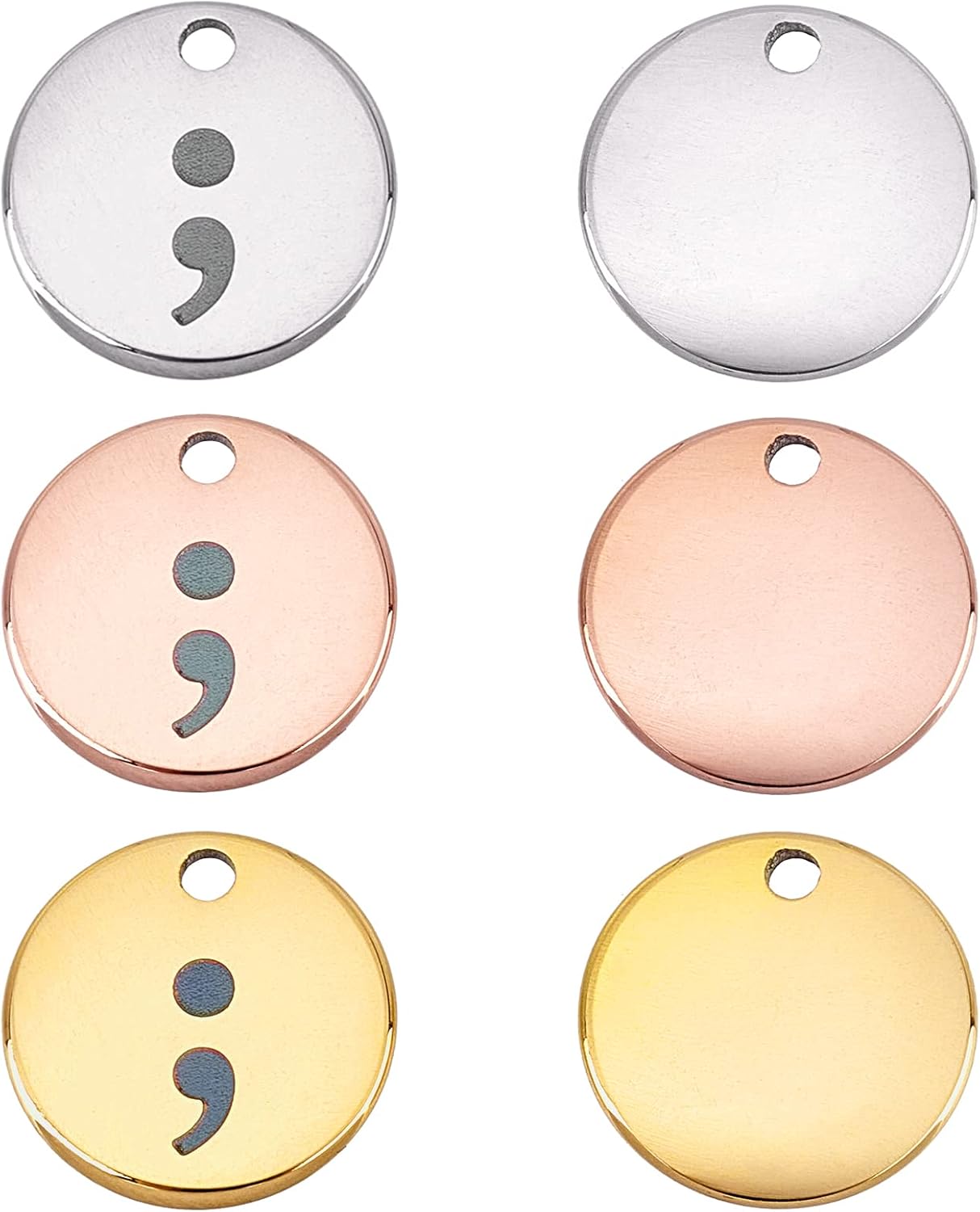 DICOSMETIC 6Pcs 3 Colors Semicolon Charms Stainless Steel Flat Round Charms Pendant Gold and Rose Gold Pendant for DIY Bracelet Necklace Jewelry Making Hole: 1.5mm