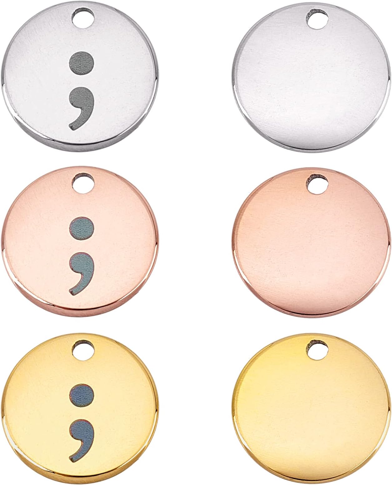 DICOSMETICDICOSMETIC 6Pcs 3 Colors Semicolon Charms Stainless Steel Flat Round Charms Pendant Gold and Rose Gold Pendant for DIY Bracelet Necklace Jewelry Making, Hole: 1.5mm