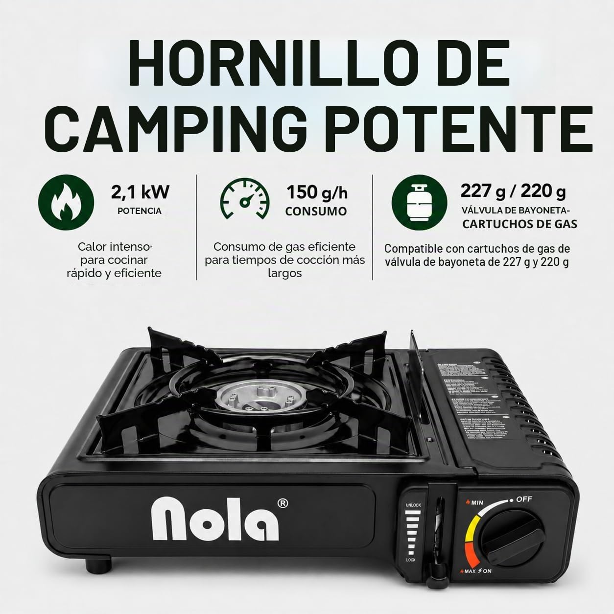 Hornillo de gas con 8 cartuchos de gas de 220 g + maletín, hornillo de gas butano, hornillo de camping, set de camping, actividades al aire libre, hornillo de equipaje NOLA