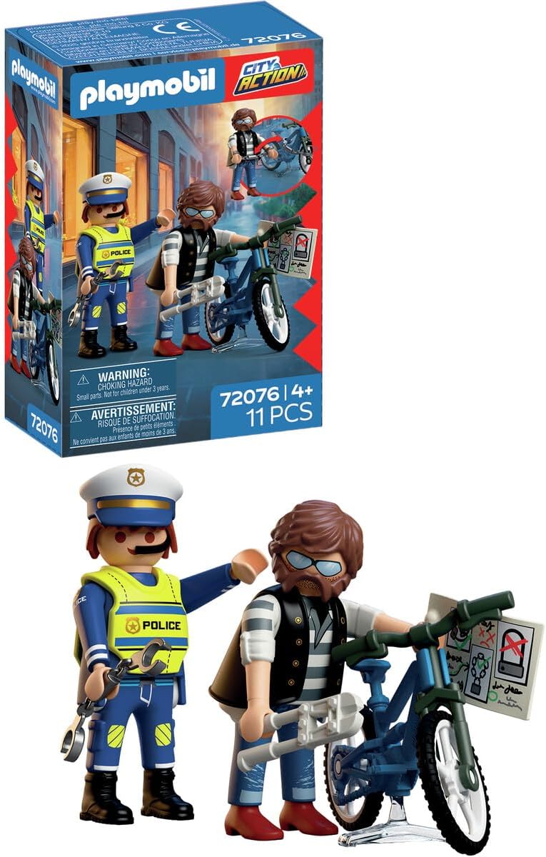 PLAYMOBIL City Action Bicycle Robber Set 72076, Policeman and Thief Figures with Bicycle, 11 Pieces, from 4 Years