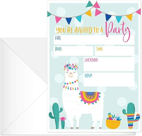 Miniatura 2 de Canopy Street Invitación de fiesta de relleno de llama, 25 invitaciones y sobres de cumpleaños de fiesta de llama, invitación de alpaca plana de 5 x