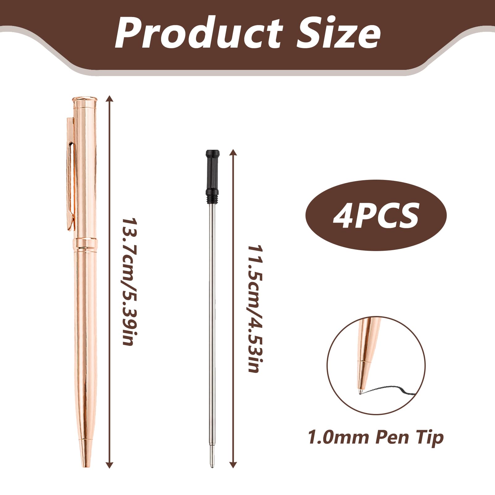 4 Pcs Rose Gold Pens, Metal Ballpoint Pen, Nice Pens, Slim Metal Ballpoint Pens for Students Office, Black Ink - Image 2