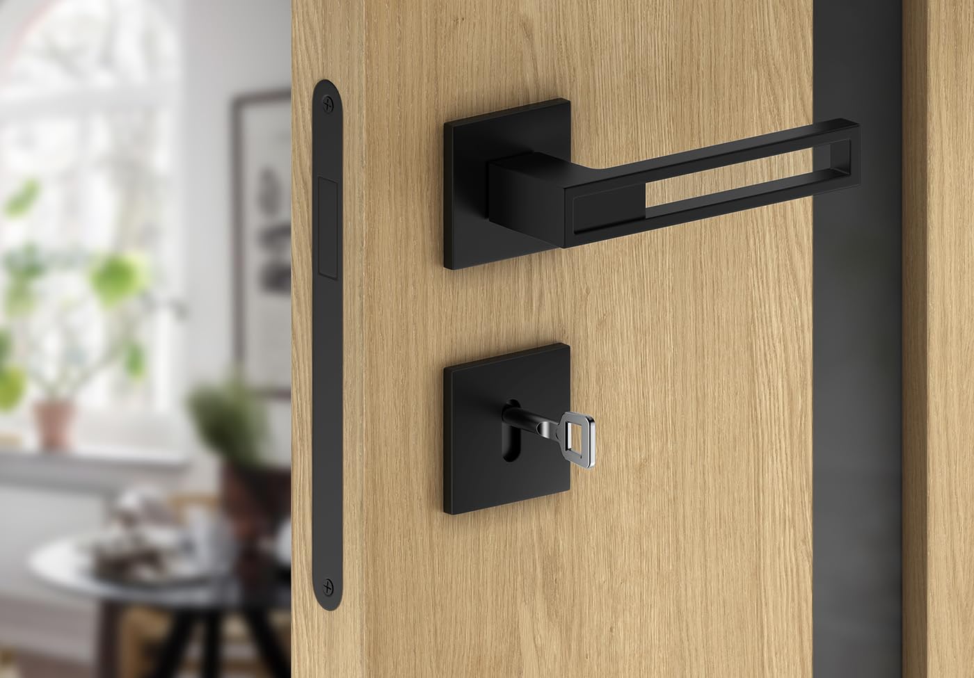 ERGO line Design moderne, poignée de porte noire TOMMY, pour portes d'intérieur à clé, la silhouette ultra-fine, poignée carrée noire mate, garnitures de porte, poignée