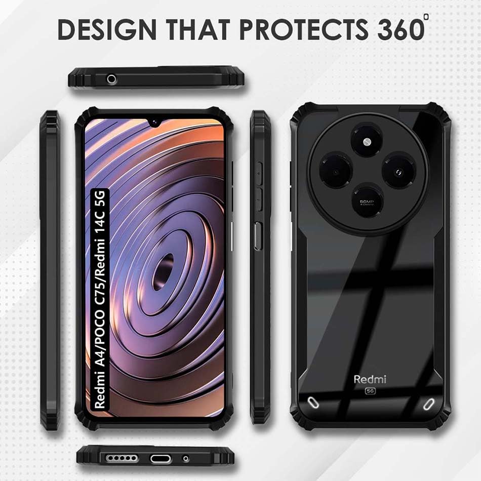 Fashionury Shockproof Crystal Clear Back Cover Case for Redmi A4 5G / Poco C75 5G / Redmi 14C 5G / Poco M7 5G | 360 Degree Protection | Transparent Back Case Cover (Black Bumper) 24 61 yJlAZY0L