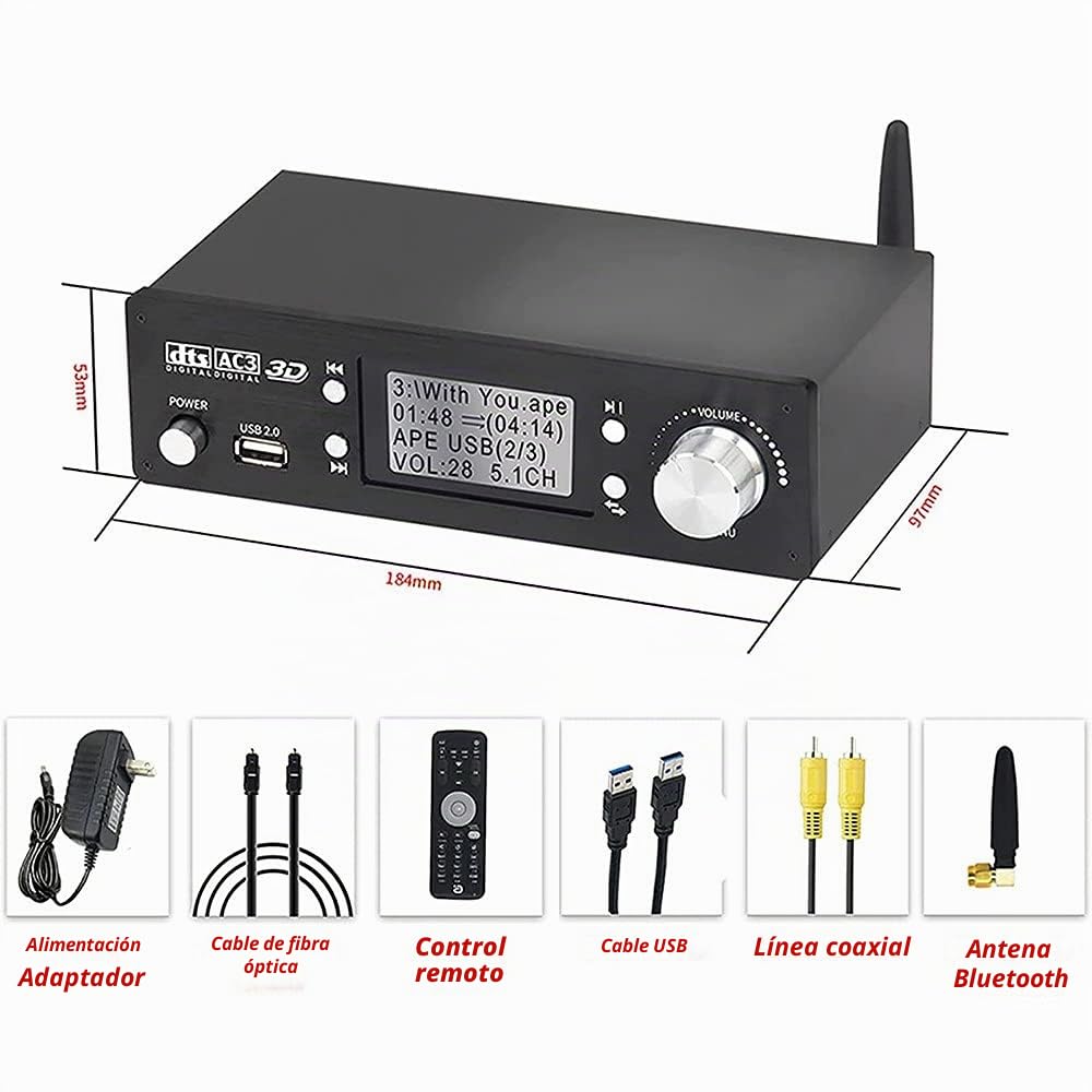 Decodificador de Audio 5.1 con DTS y Dolby, U-Disk con HDMI, Bluetooth 5.0, Fibra Óptica y ARC, DAC y Contenido en 4K * 2K para Extractor y Convertidor HDMI
