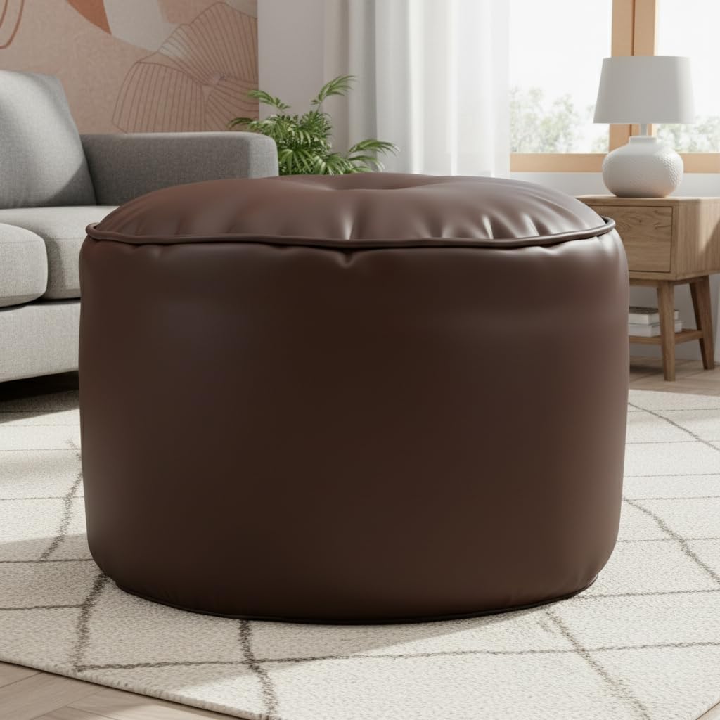 Brand Living Room Faux Leather Footrest/Footstool/Pouffy/Ottomans Filled with Beans Durable & Comfortable (24cm x 44cm) Round Shape Color- (Brown)-image-18