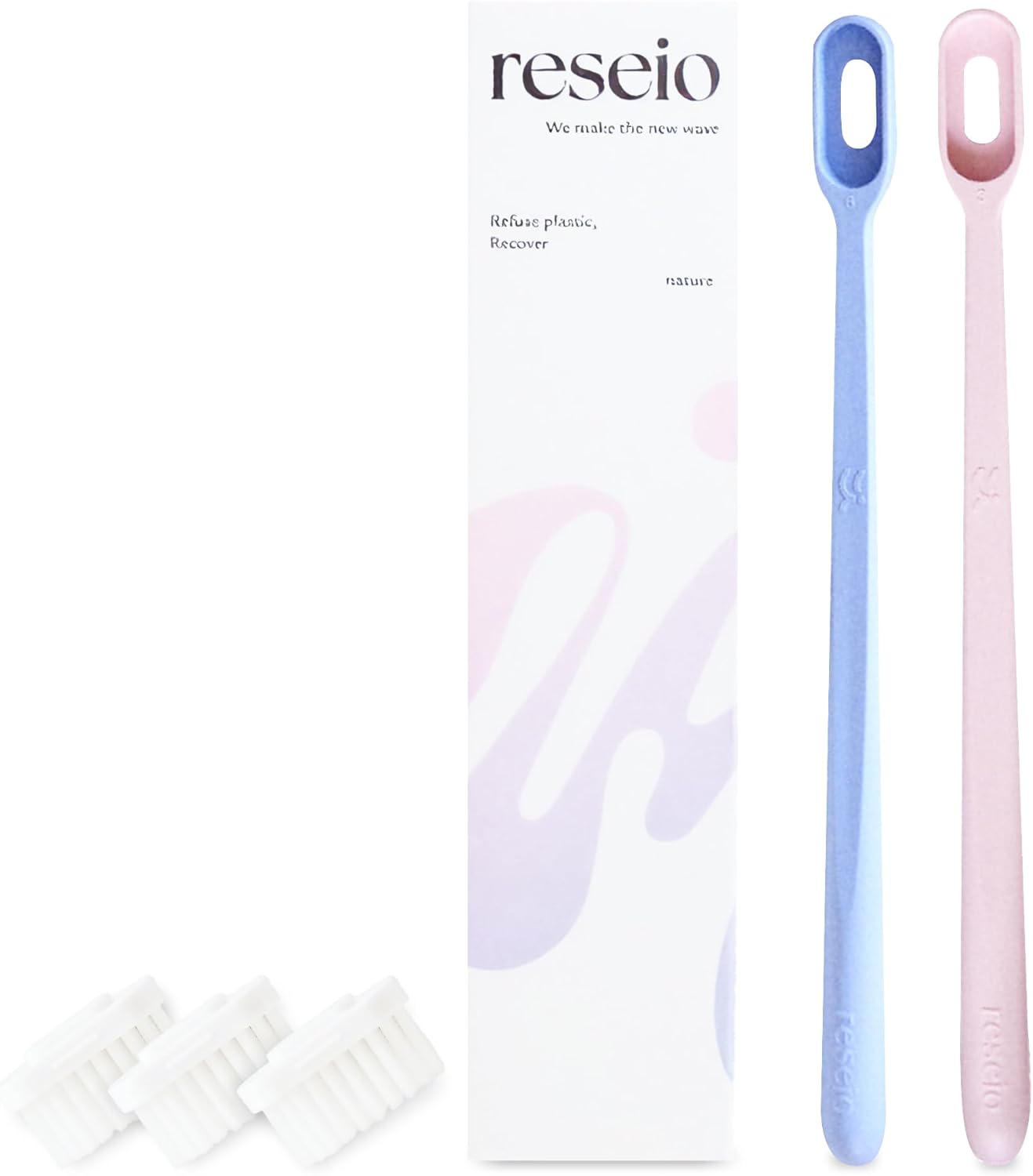 Reseio Eco Toothbrush Set with 3 Replaceable HeadsㅣSoft BristlesㅣPlastic-FreeㅣBPA-FreeㅣSustainable Oral CareㅣTravel Pouch Included – Pink