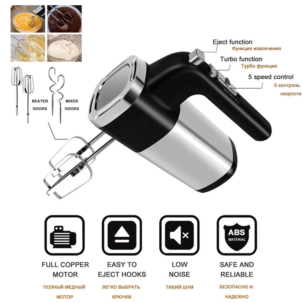 Impastatrice elettrica Professionale da 500 W Frusta Portatile Potente a 7 velocità Include fruste e Ganci per impastare per la Cottura in Cucina Torta all'uovo Crema, Nero