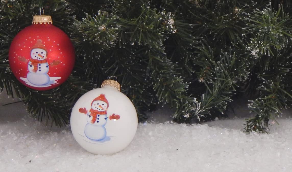 Christmas By Krebs 2 5/8" (67 mm) bezszwowa szklana ozdoba [8 sztuk], zdobiona pamiątka projektanta (porcelanowa biała/płomień czerwień z czerwonym kapeluszem bałwan)