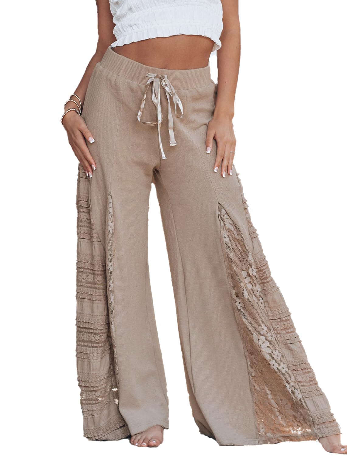 Womens Boho Lace Patchwork Pants High Waist Drawstring Wide Leg Summer Casual Loose Fit Pants Apricot
