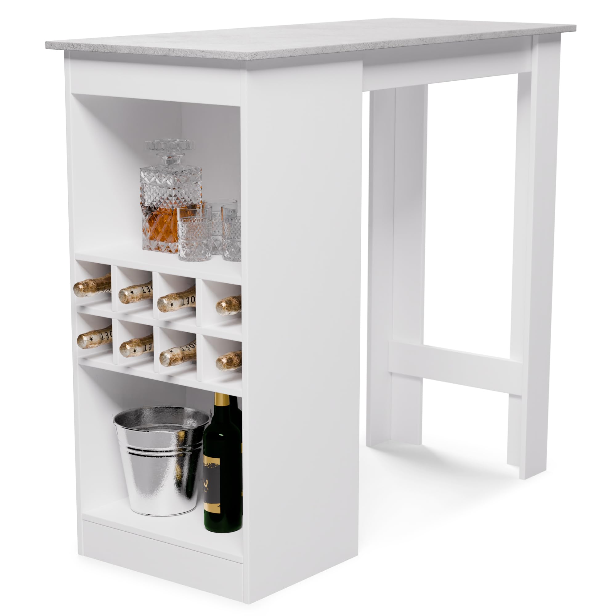 blumfeldt Mesa Alta Bar de Madera Maciza 110 cm, Mesas Altas Robustas y Reforzada Fácil de Montar, Mesa Cocina Isla para Casa, Pequeño Mostrador Mesa Barra Bar Alta 3 Estantes Ajustables